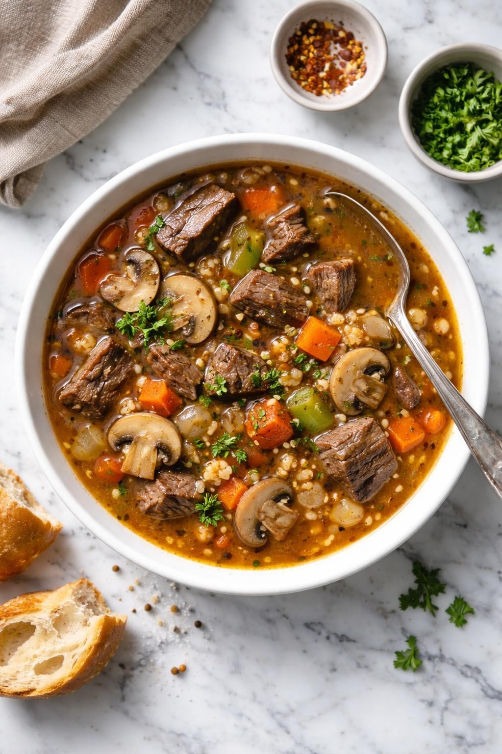 An overheard picture view of a plate of Beef and Mushroom Soup with Barley sitting on a marble countertop table in the kitchen, professional food photography style.