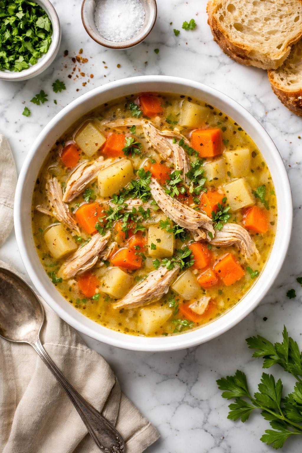 An overheard picture view of a plate of  Chicken and Root Vegetable Soup  sitting on a marble countertop table in the kitchen, professional food photography style.
