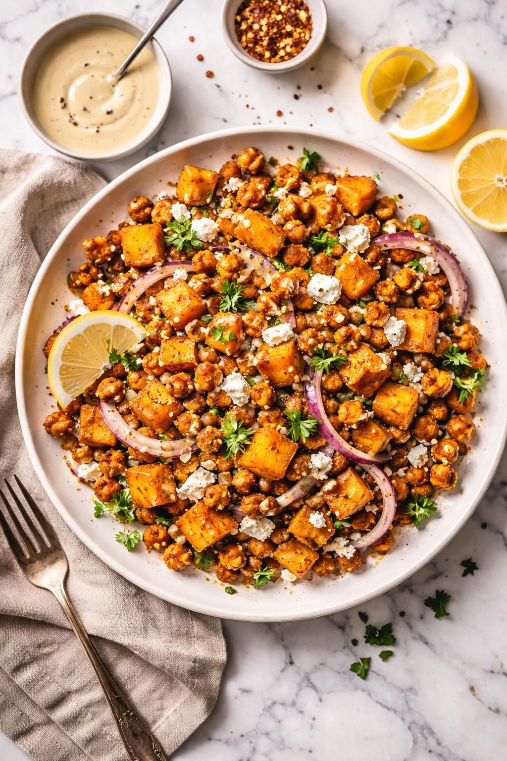 An overheard picture view of a plate of One-Pan Roasted Butternut Squash and Chickpeas sitting on a marble countertop table in the kitchen, professional food photography style.
