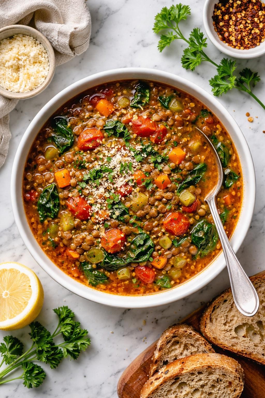 An overheard picture view of a plate of Slow Cooker Vegetable Lentil Soup sitting on a marble countertop table in the kitchen, professional food photography style.