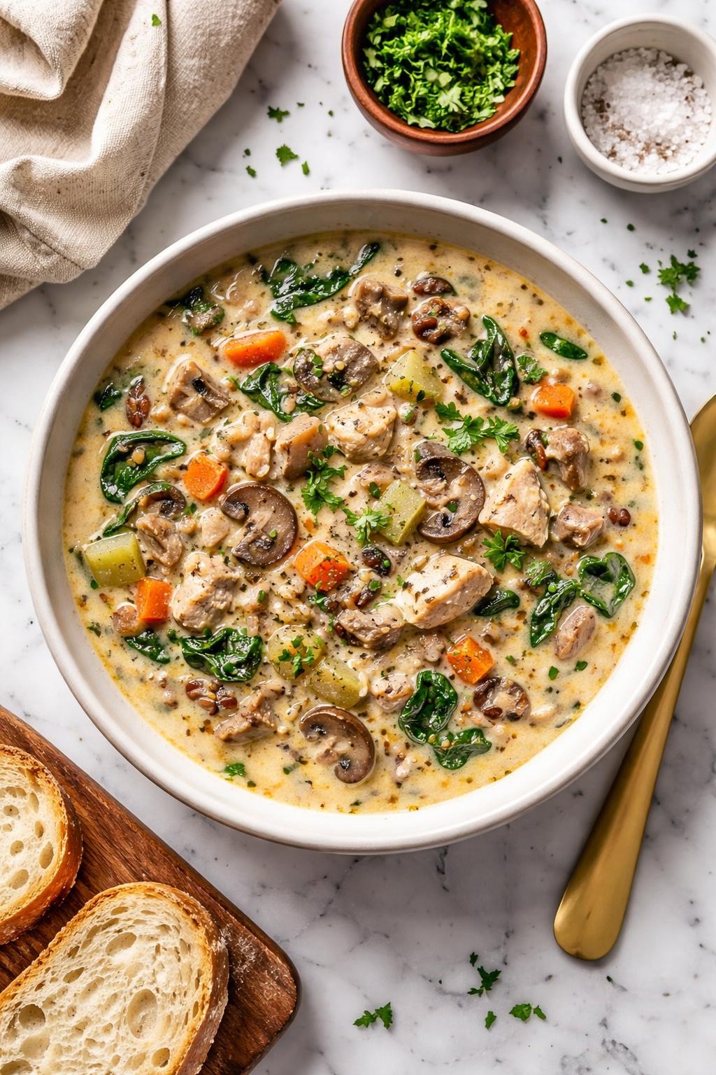 An overheard picture view of a plate of Creamy Turkey and Wild Rice Soup   sitting on a marble countertop table in the kitchen, professional food photography style.
