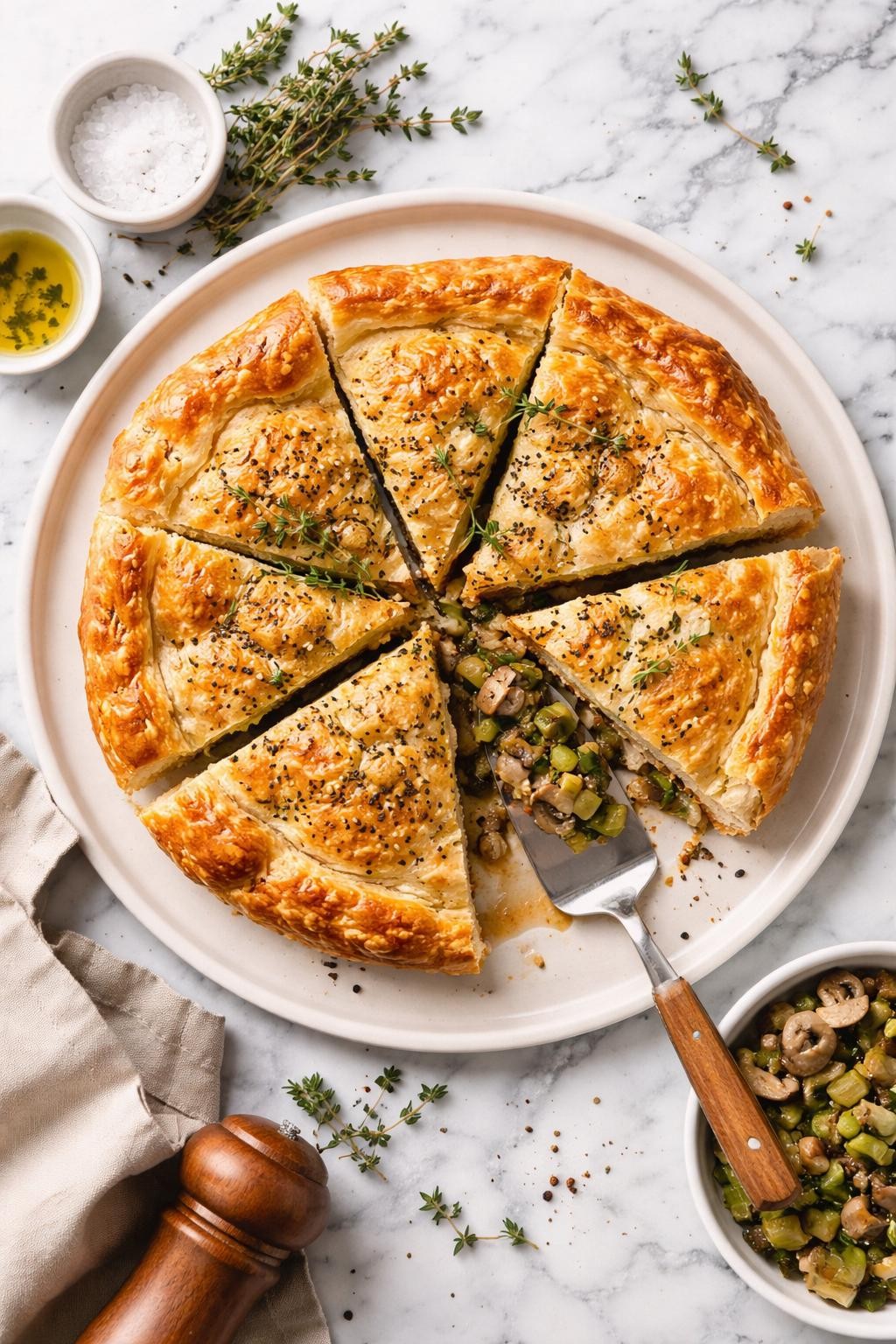 An overheard picture view of a plate of Vegan Mushroom and Leek Puff Pastry Pie sitting on a marble countertop table in the kitchen, professional food photography style.