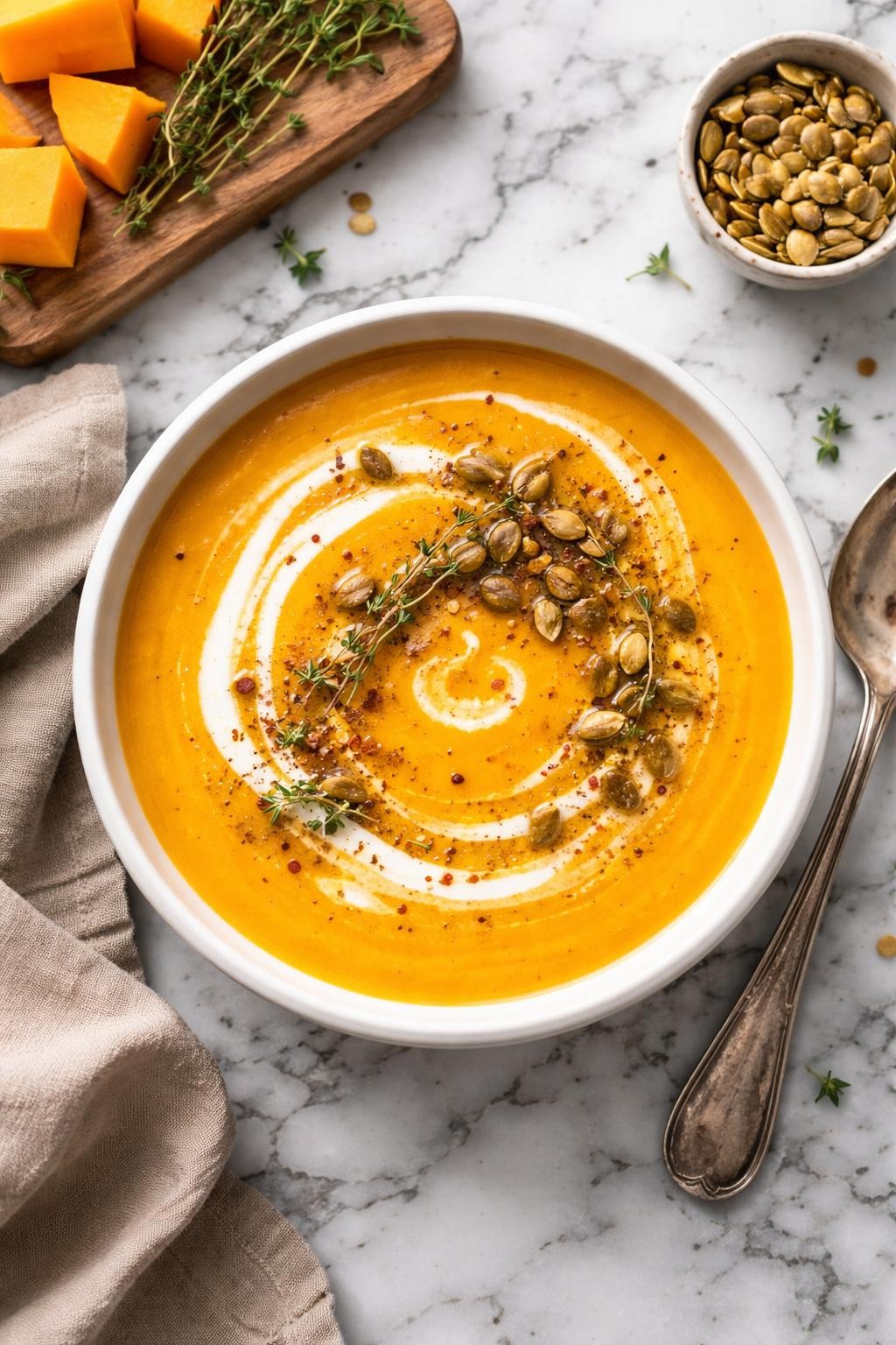 An overheard picture view of a plate of Slow Cooker Butternut Squash Soup sitting on a marble countertop table in the kitchen, professional food photography style.