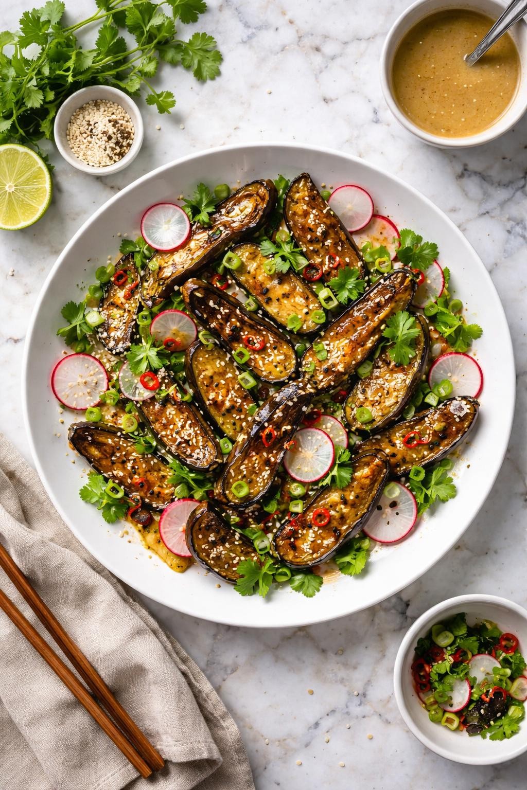 An overheard picture view of a plate of Japanese Eggplant Salad with Miso Ginger Dressing sitting on a marble countertop table in the kitchen, professional food photography style.