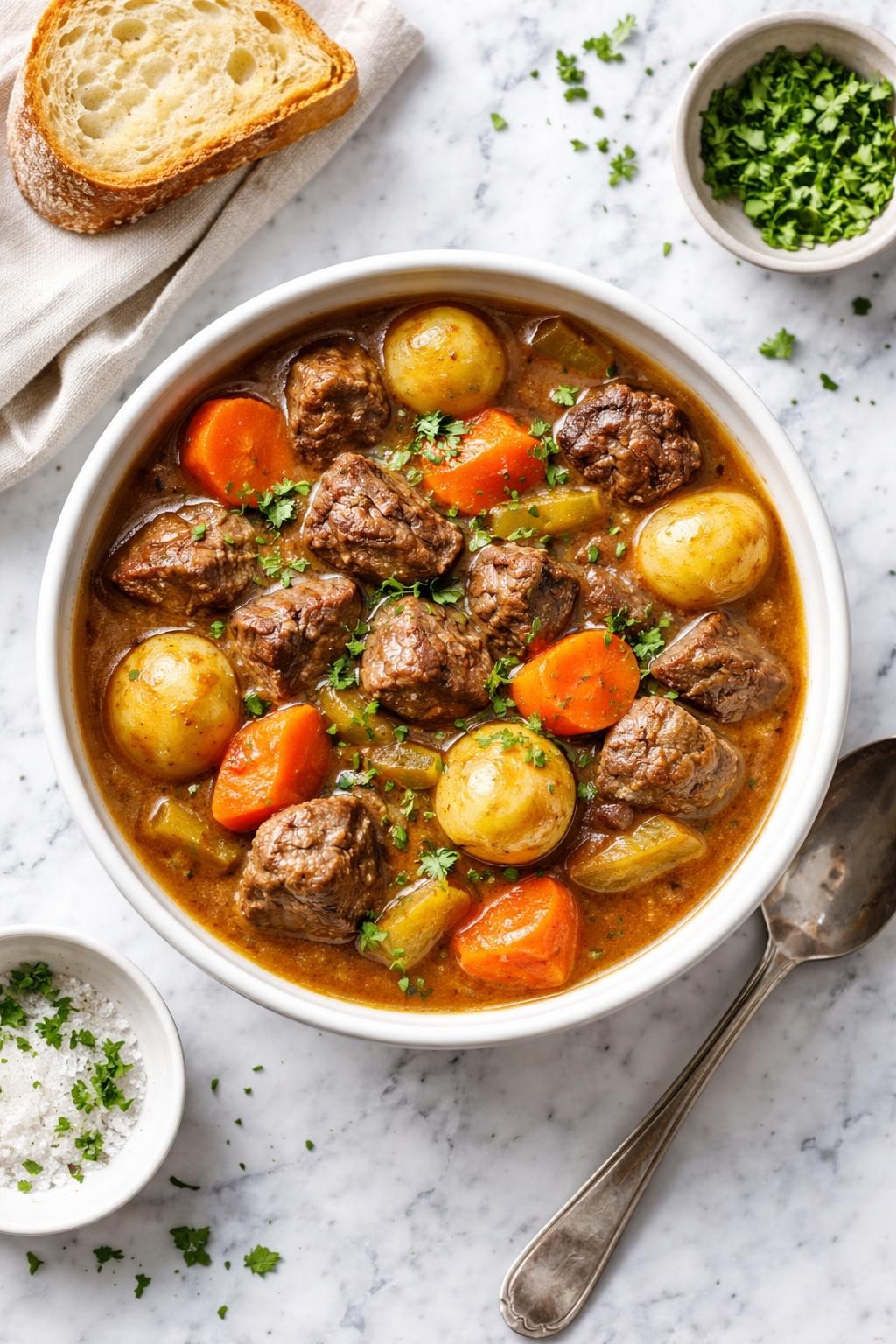 An overheard picture view of a plate of   Classic Dutch Oven Beef Stew sitting on a marble countertop table in the kitchen, professional food photography style.
