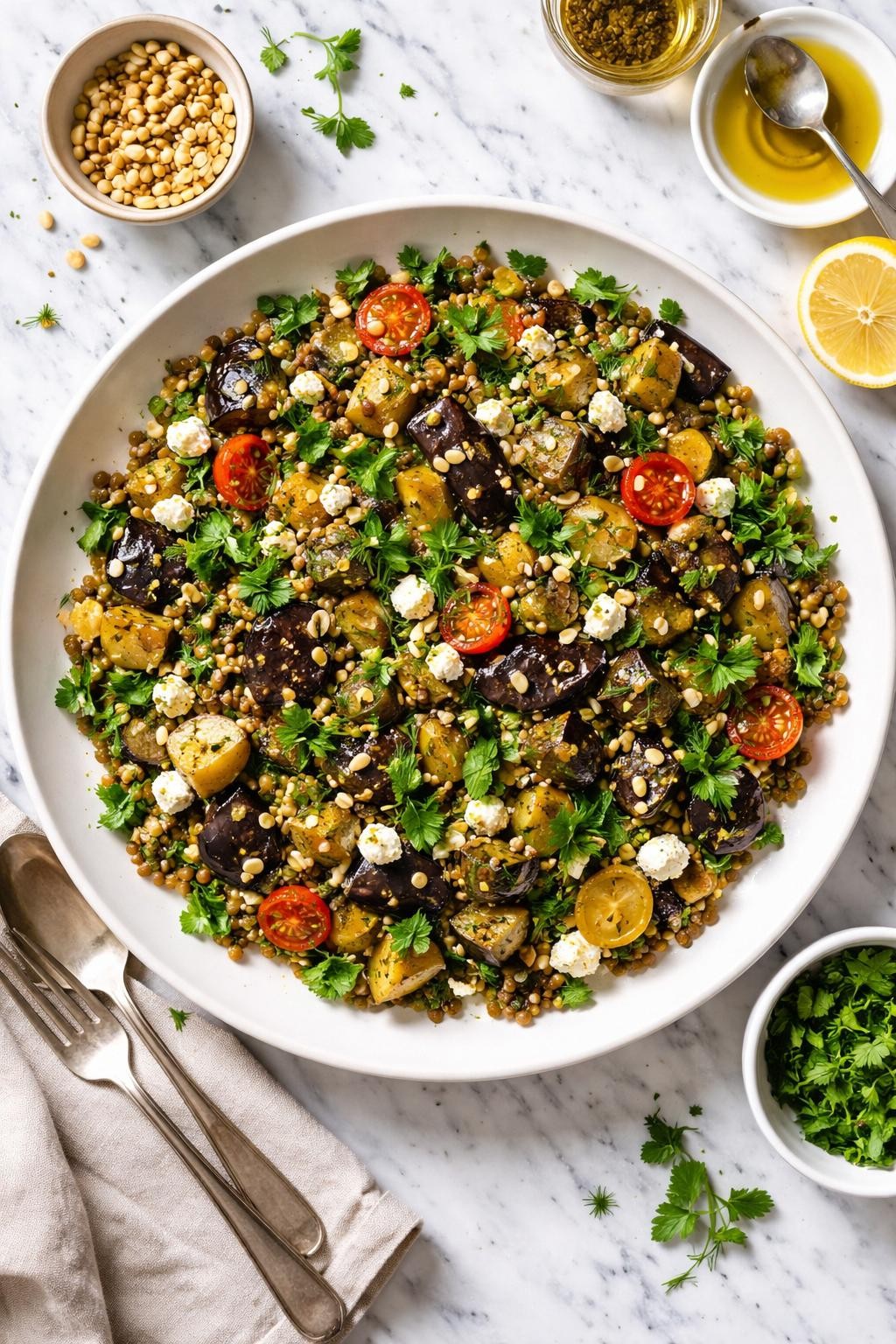 An overheard picture view of a plate of Eggplant and Lentil Salad with Herbs sitting on a marble countertop table in the kitchen, professional food photography style.