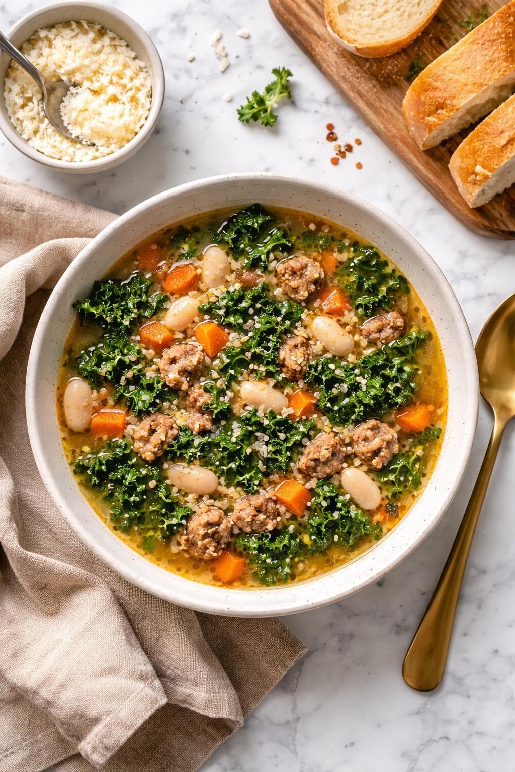 An overheard picture view of a plate of 5-Ingredient Sausage and Kale Soup sitting on a marble countertop table in the kitchen, professional food photography style.
