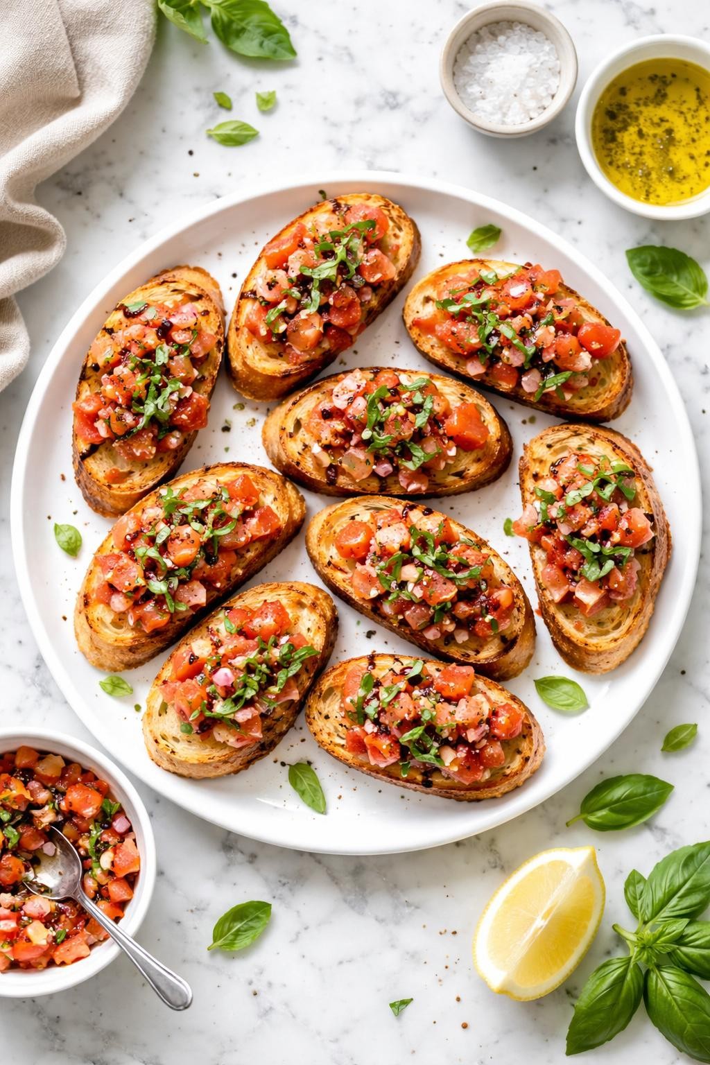 An overheard picture view of a plate of Vegan Bruschetta   sitting on a marble countertop table in the kitchen, professional food photography style.
