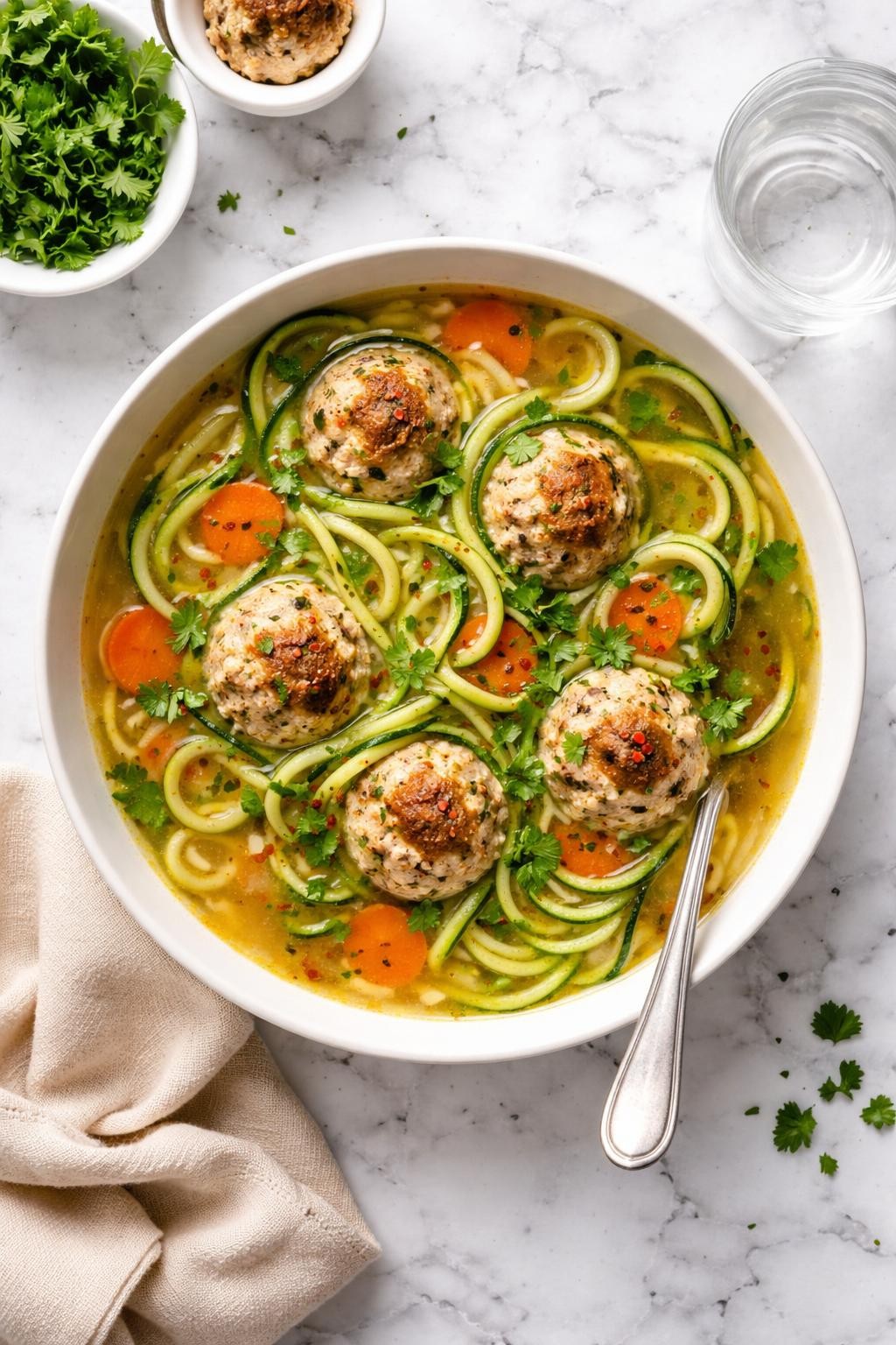 An overheard picture view of a plate of  Zucchini Noodle Soup with Turkey Meatballs  sitting on a marble countertop table in the kitchen, professional food photography style.
