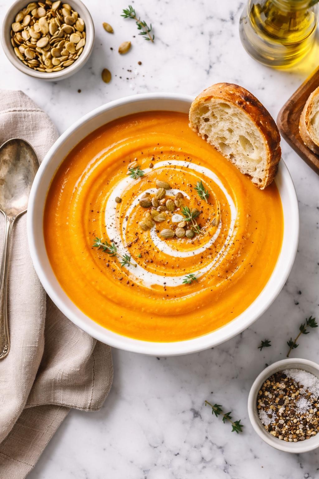 An overheard picture view of a plate of Classic Butternut Squash Soup sitting on a marble countertop table in the kitchen, professional food photography style.
