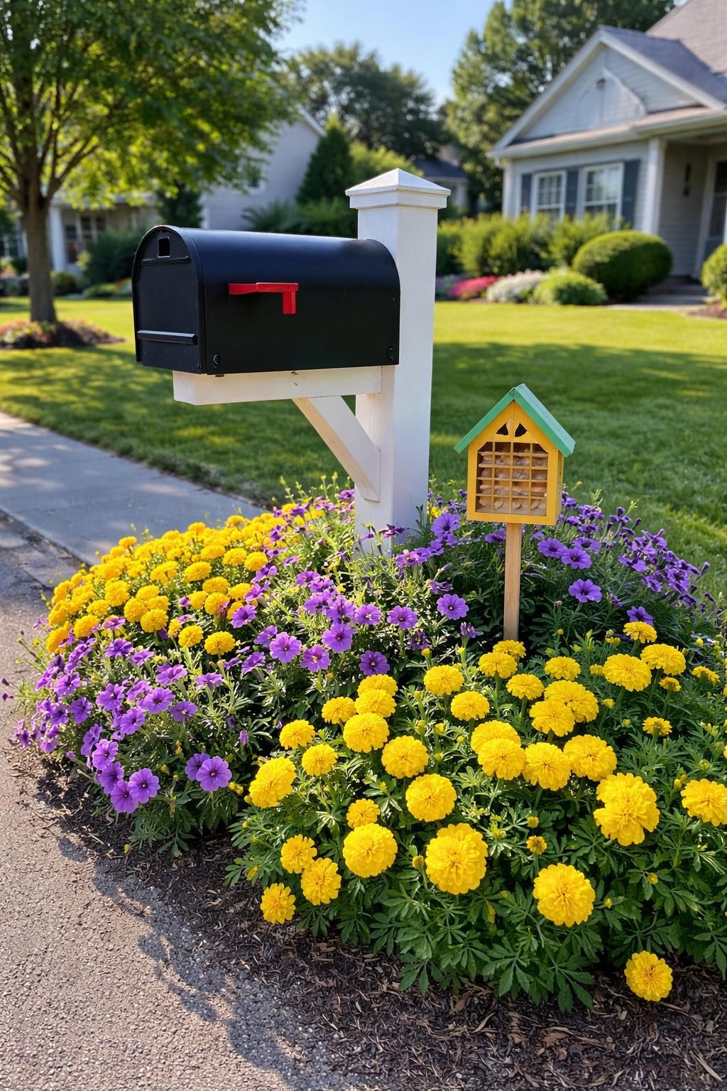 Photo of a mailbox surrounded by bright yellow marigolds and purple petunias, wide view from street, setting in a cheerful suburban front yard, morning light, containing a small decorative bee house on a stake, iPhone photo quality.