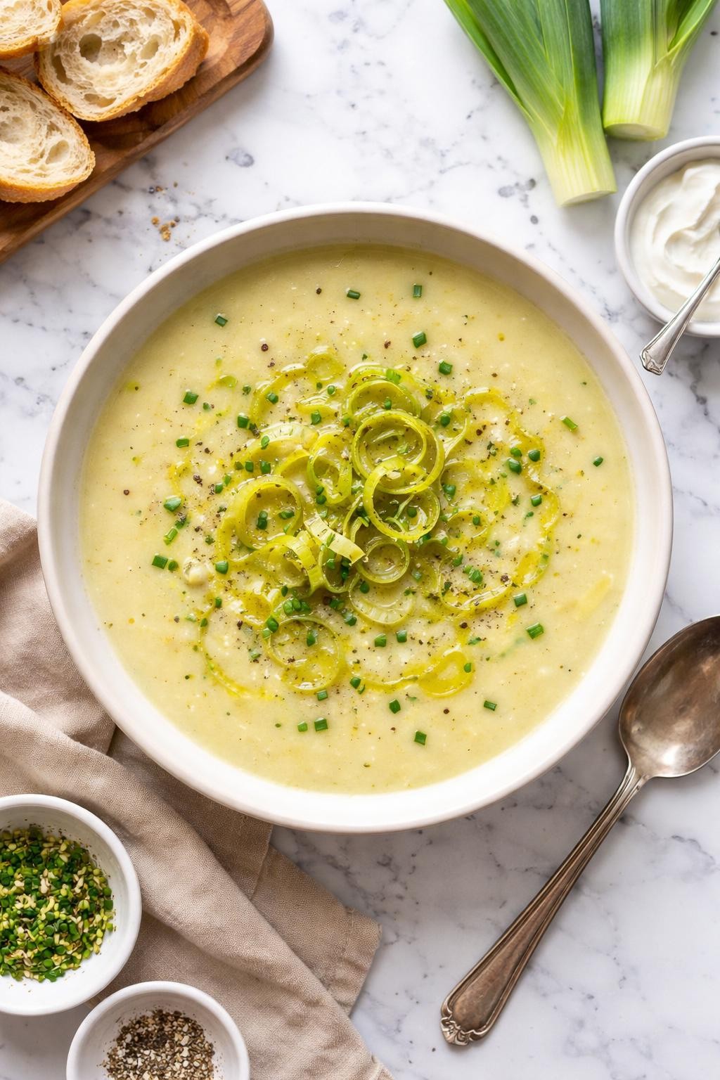 An overheard picture view of a plate of   Classic Leek and Potato Soup sitting on a marble countertop table in the kitchen, professional food photography style.
