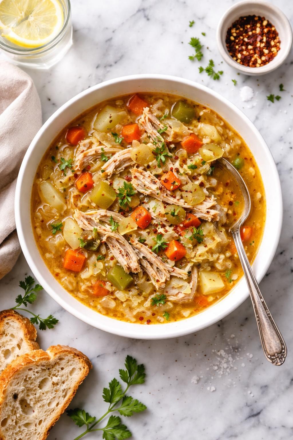 An overheard picture view of a plate of Turkey and Cabbage Soup   sitting on a marble countertop table in the kitchen, professional food photography style.
