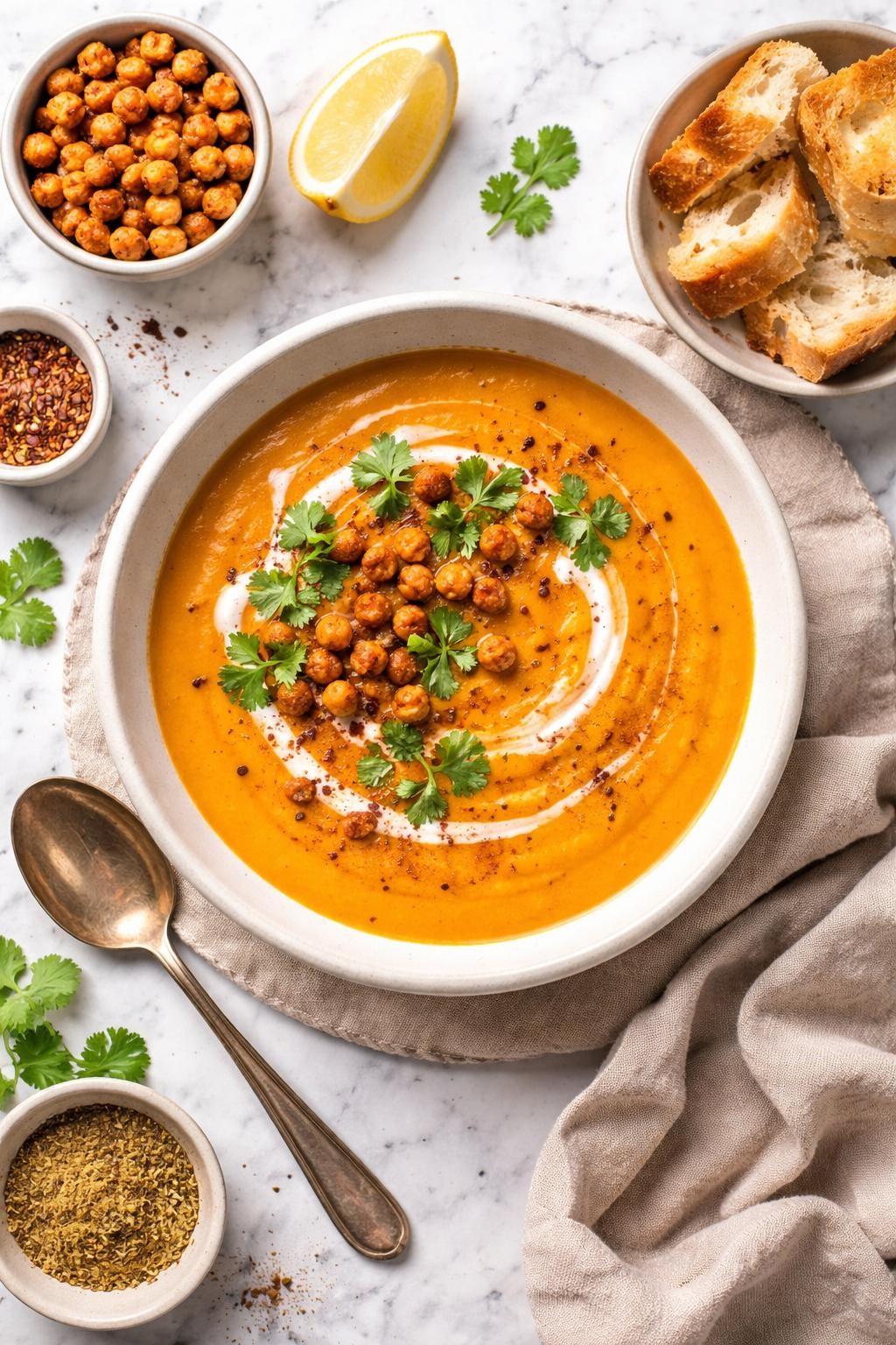 An overheard picture view of a plate of Moroccan-Spiced Butternut Squash Soup sitting on a marble countertop table in the kitchen, professional food photography style.