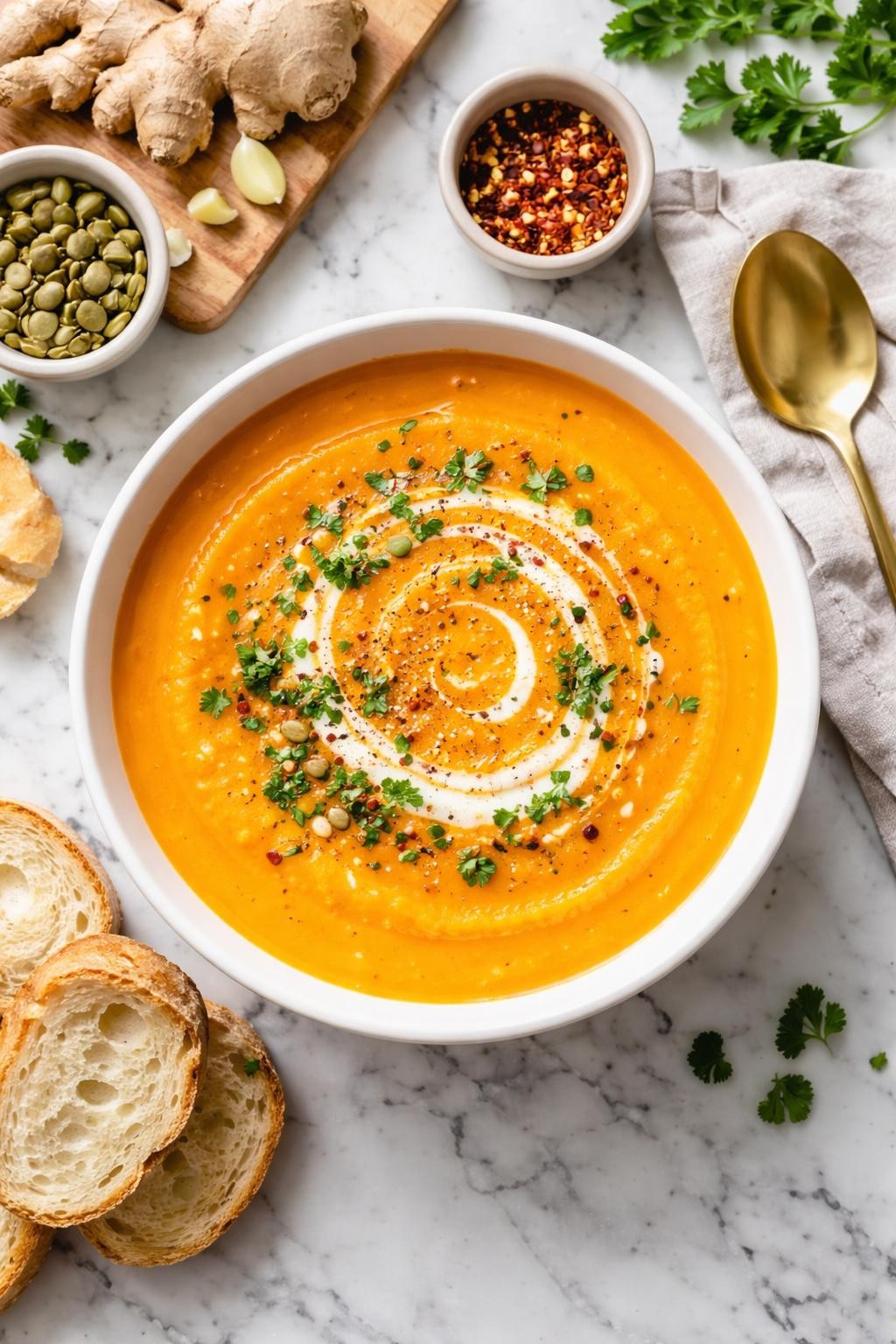 An overheard picture view of a plate of Butternut Squash and Carrot Soup with Ginger sitting on a marble countertop table in the kitchen, professional food photography style.