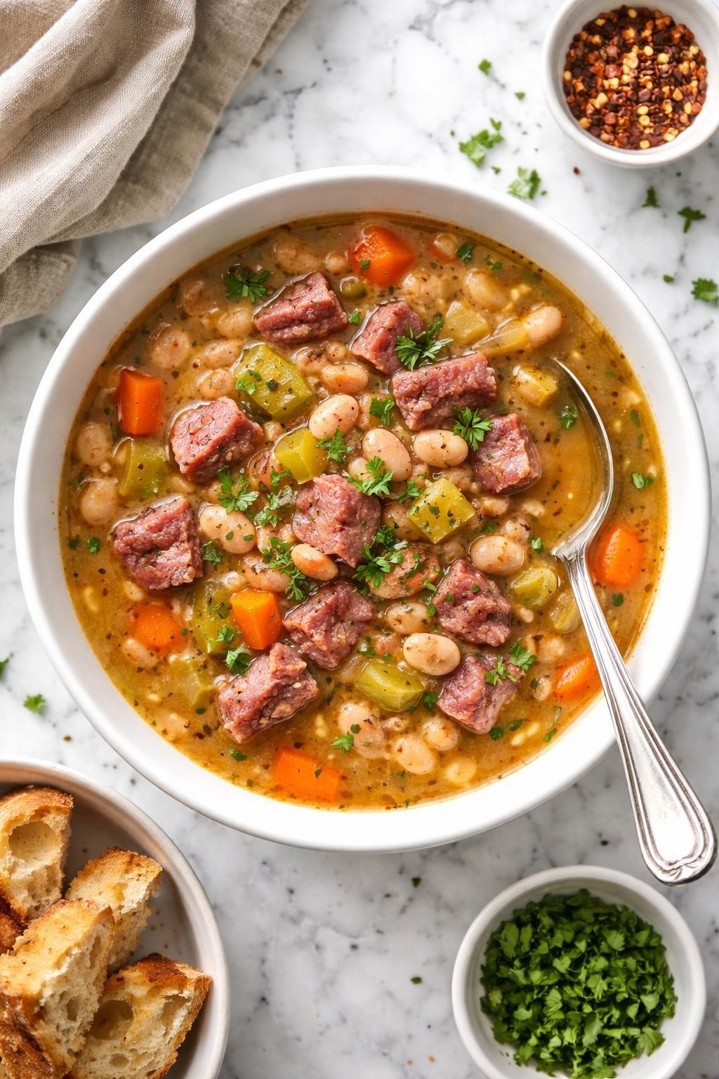 An overheard picture view of a plate of Dutch Oven Ham and Bean Soup   sitting on a marble countertop table in the kitchen, professional food photography style.
