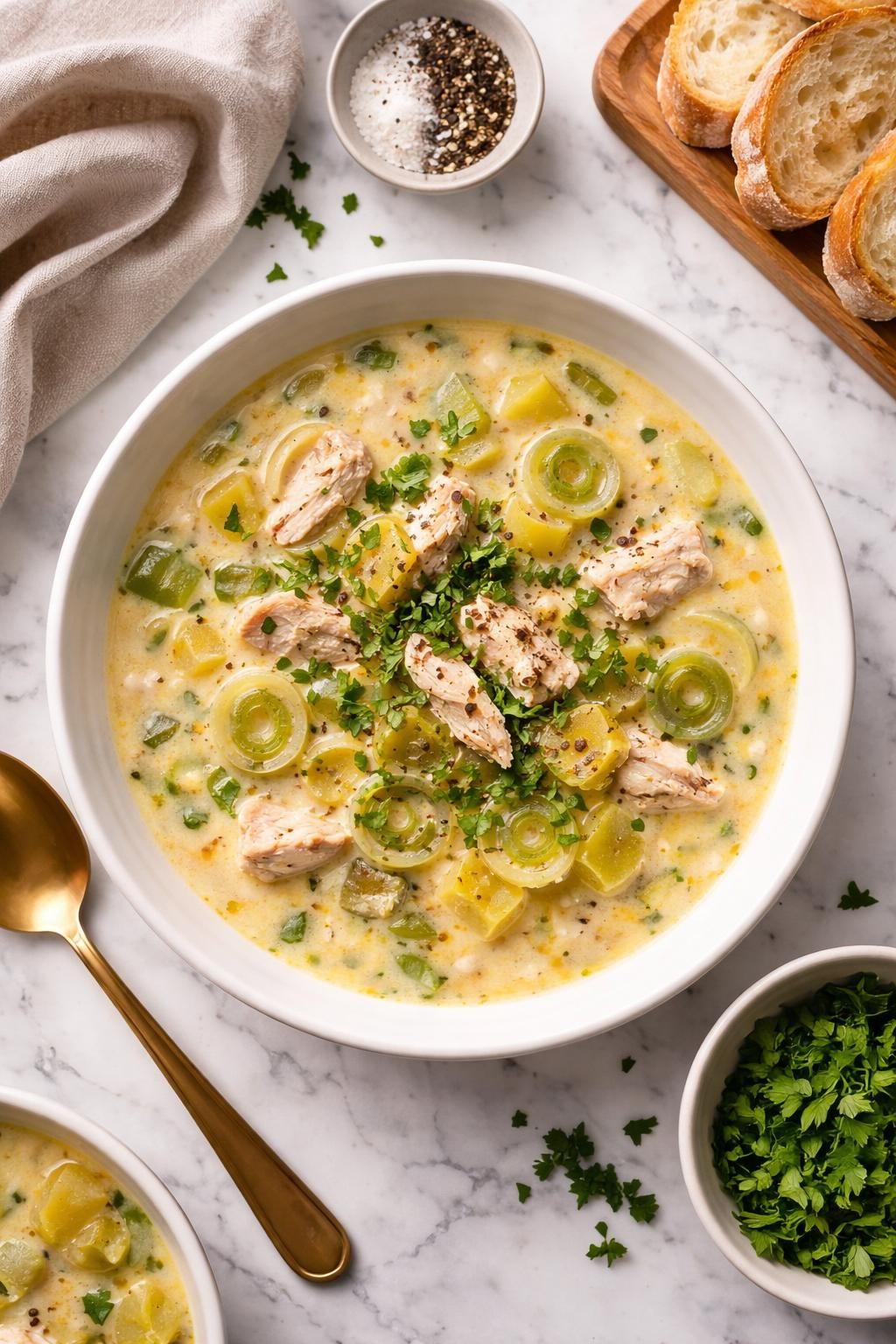 An overheard picture view of a plate of Creamy Leek and Chicken Soup   sitting on a marble countertop table in the kitchen, professional food photography style.
