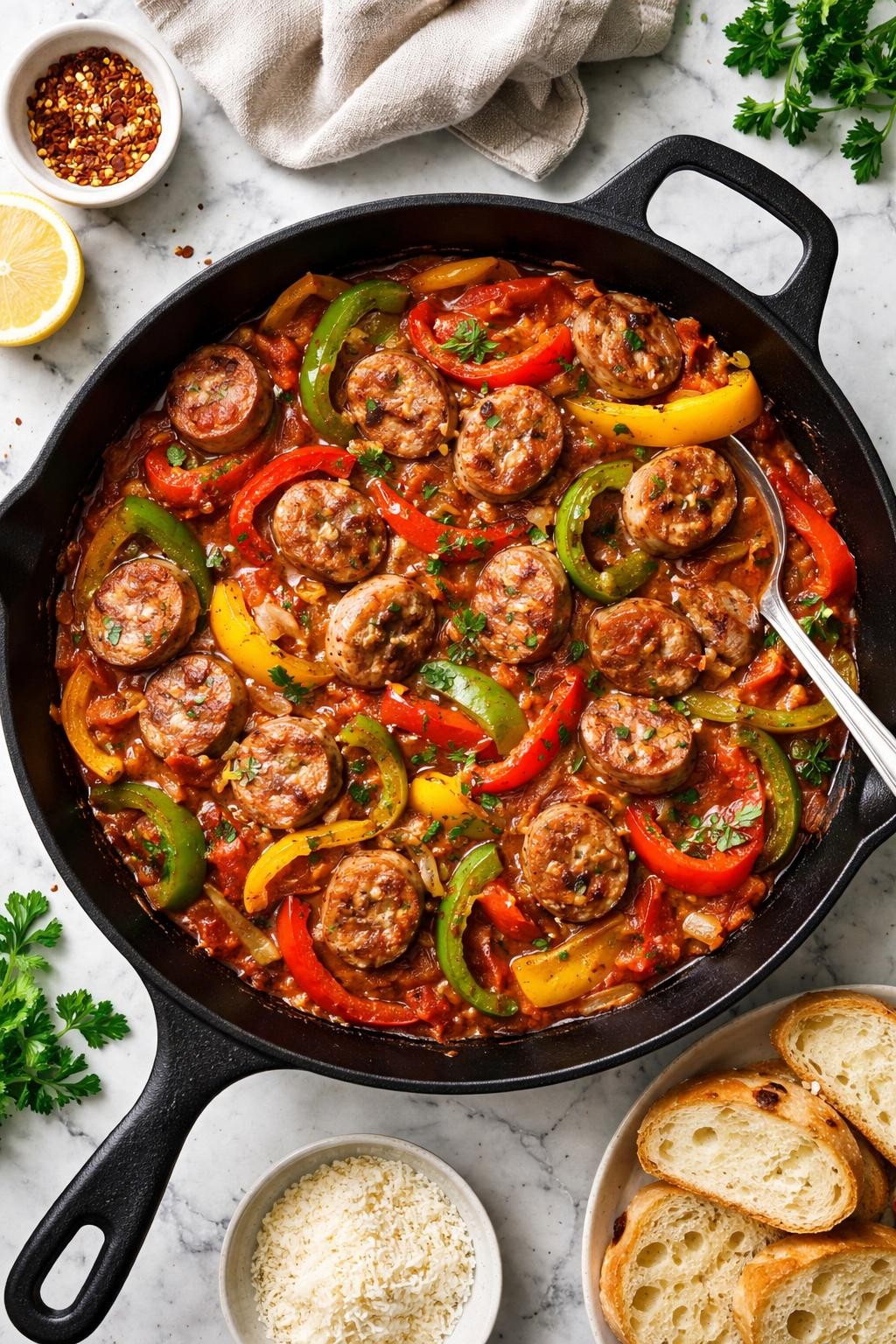 An overheard picture view of a plate of  Sausage and Peppers Skillet  sitting on a marble countertop table in the kitchen, professional food photography style.
