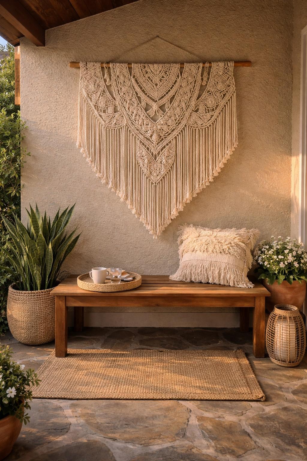 Photo of a patio corner with a large macrame wall hanging above a wooden bench, straight-on view, setting on a covered patio with stone floors, late afternoon light, containing a throw pillow with fringe on the bench, iPhone photo quality.