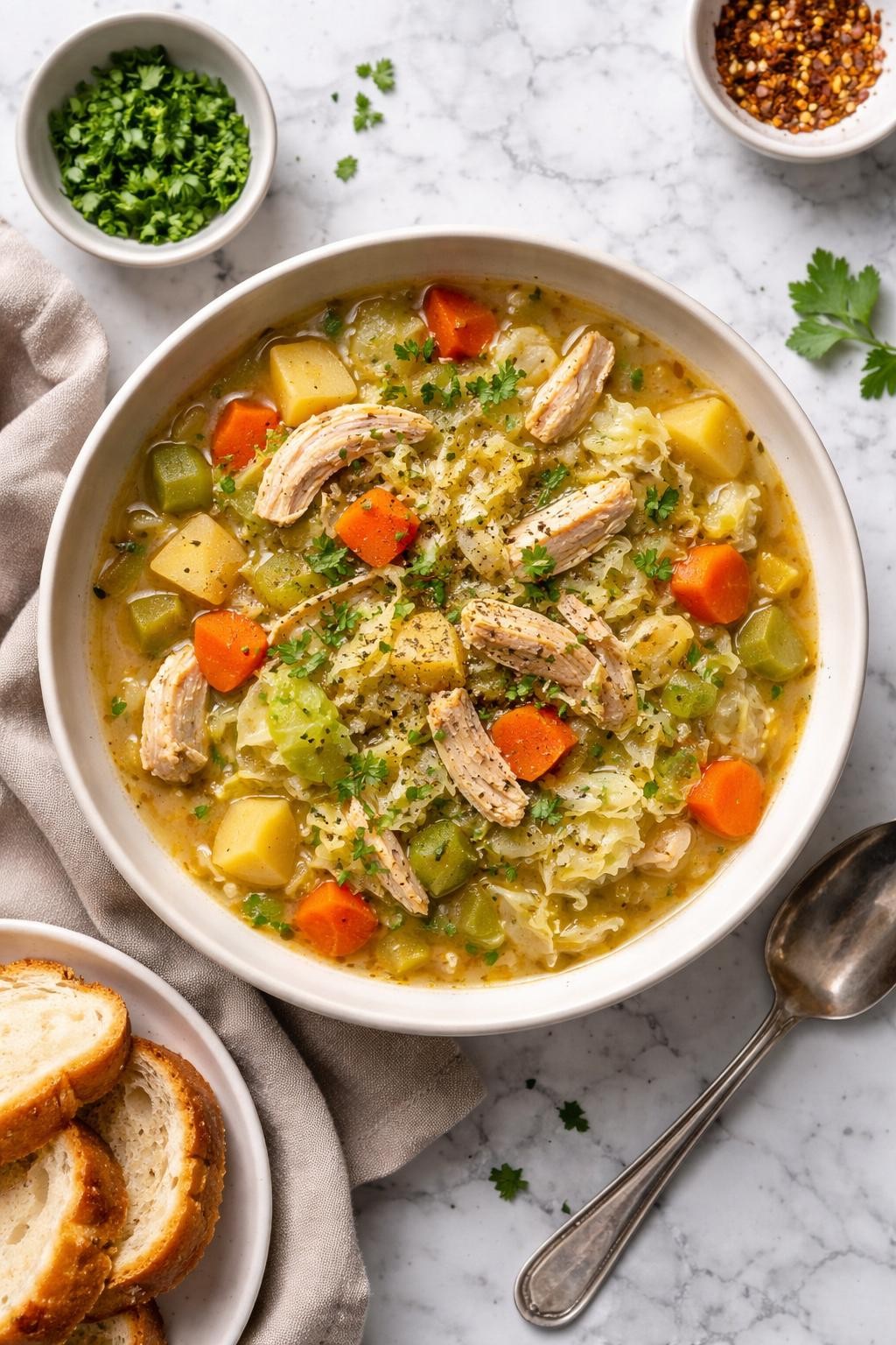 An overheard picture view of a plate of   Chicken and Vegetable Soup with Cabbage sitting on a marble countertop table in the kitchen, professional food photography style.

