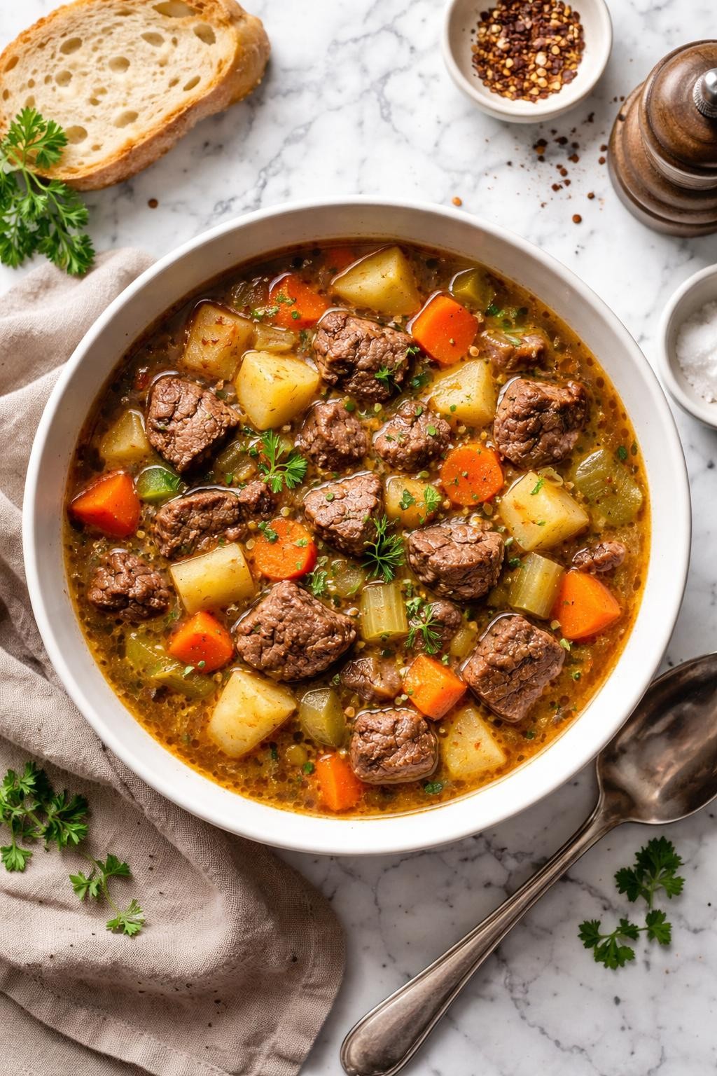 An overheard picture view of a plate of Beef and Root Vegetable Soup sitting on a marble countertop table in the kitchen, professional food photography style.
