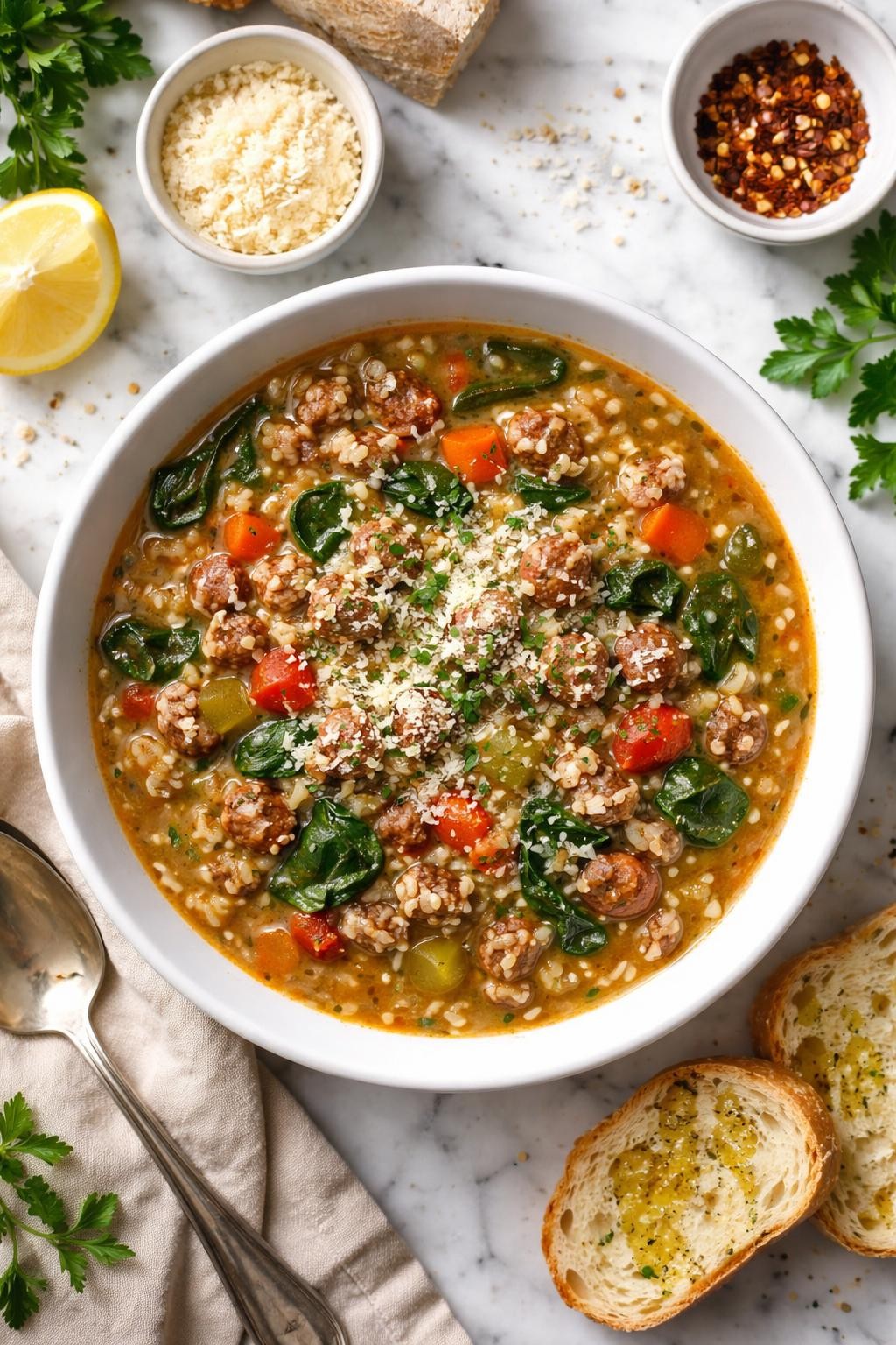 An overheard picture view of a plate of Italian Sausage and Rice Soup   sitting on a marble countertop table in the kitchen, professional food photography style.
