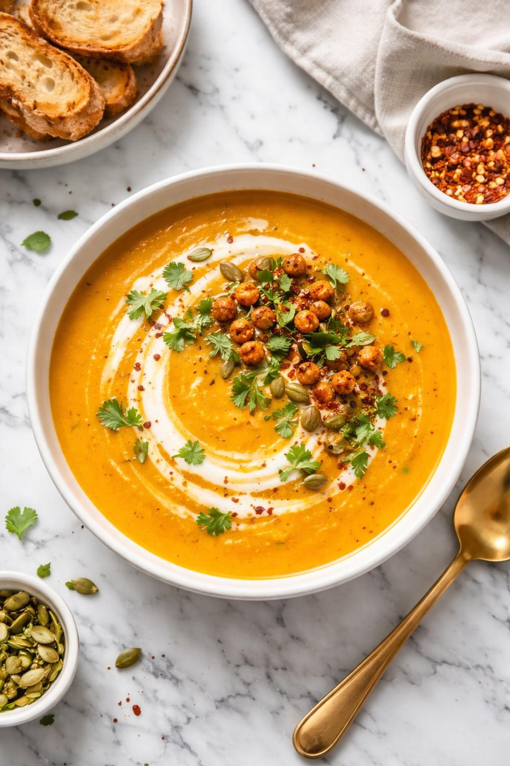 An overheard picture view of a plate of Curried Butternut Squash Soup sitting on a marble countertop table in the kitchen, professional food photography style.