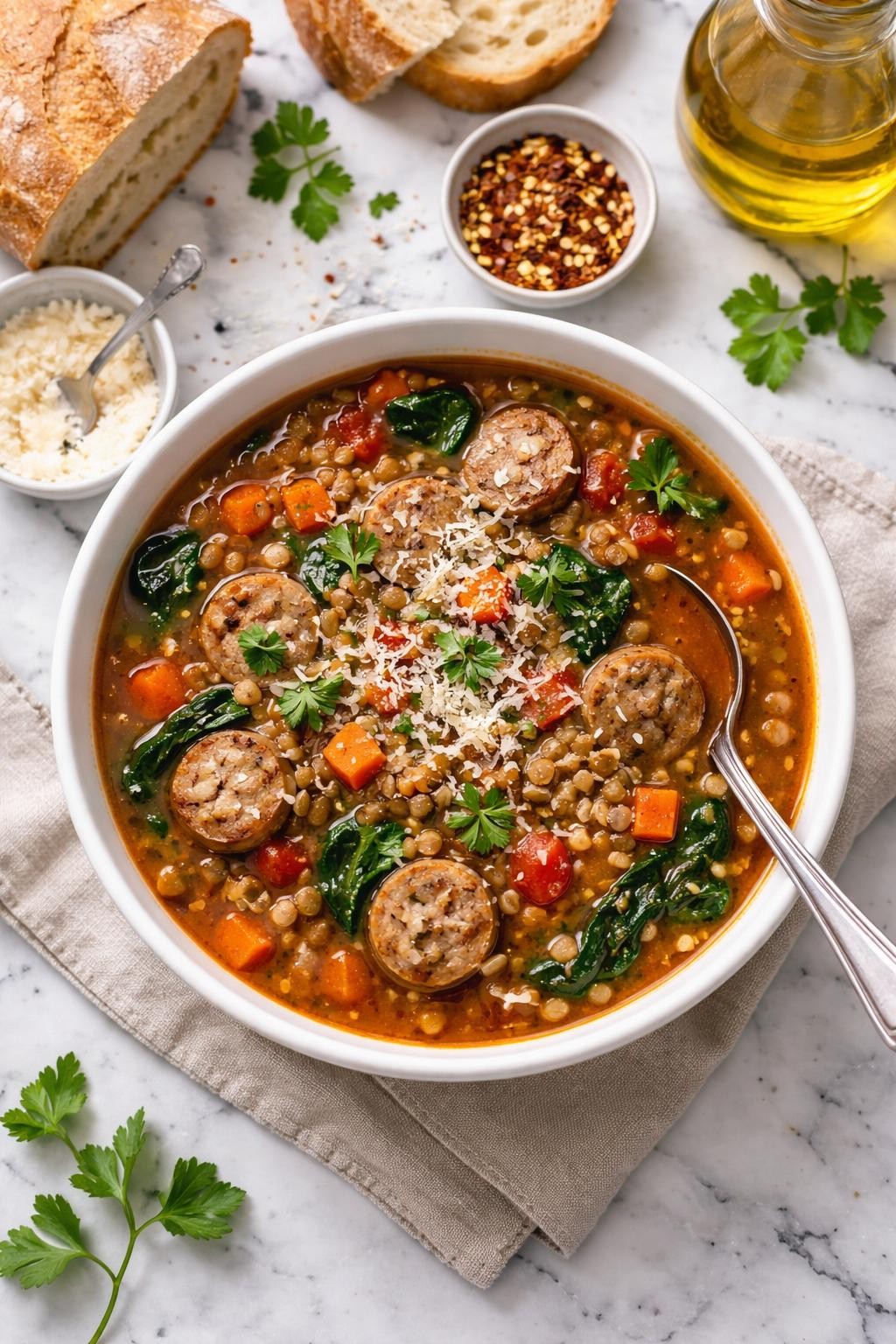 An overheard picture view of a plate of  Italian Sausage and Lentil Soup  sitting on a marble countertop table in the kitchen, professional food photography style.

