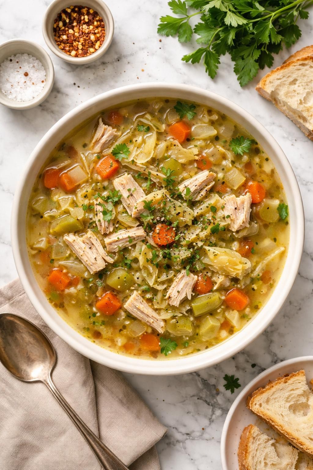 An overheard picture view of a plate of Cabbage and Turkey Soup   sitting on a marble countertop table in the kitchen, professional food photography style.
