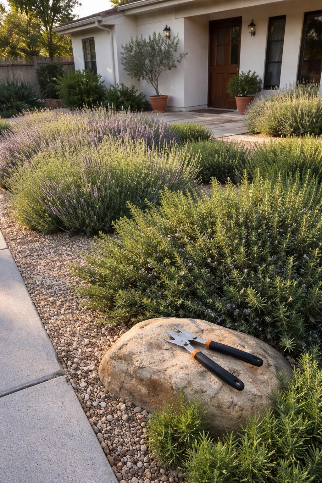 Photo of a front yard with sprawling rosemary and lavender bushes in gravel, corner angle view from sidewalk, setting in a California-style home, late afternoon light, containing a pair of garden snips resting on a rock, iPhone photo quality.