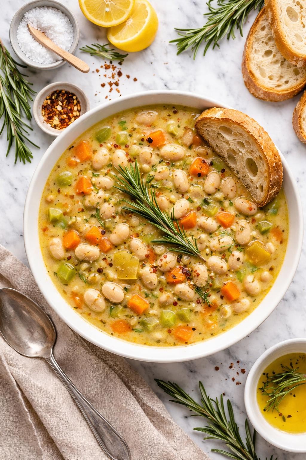 An overheard picture view of a plate of   Vegan White Bean and Rosemary Soup sitting on a marble countertop table in the kitchen, professional food photography style.
