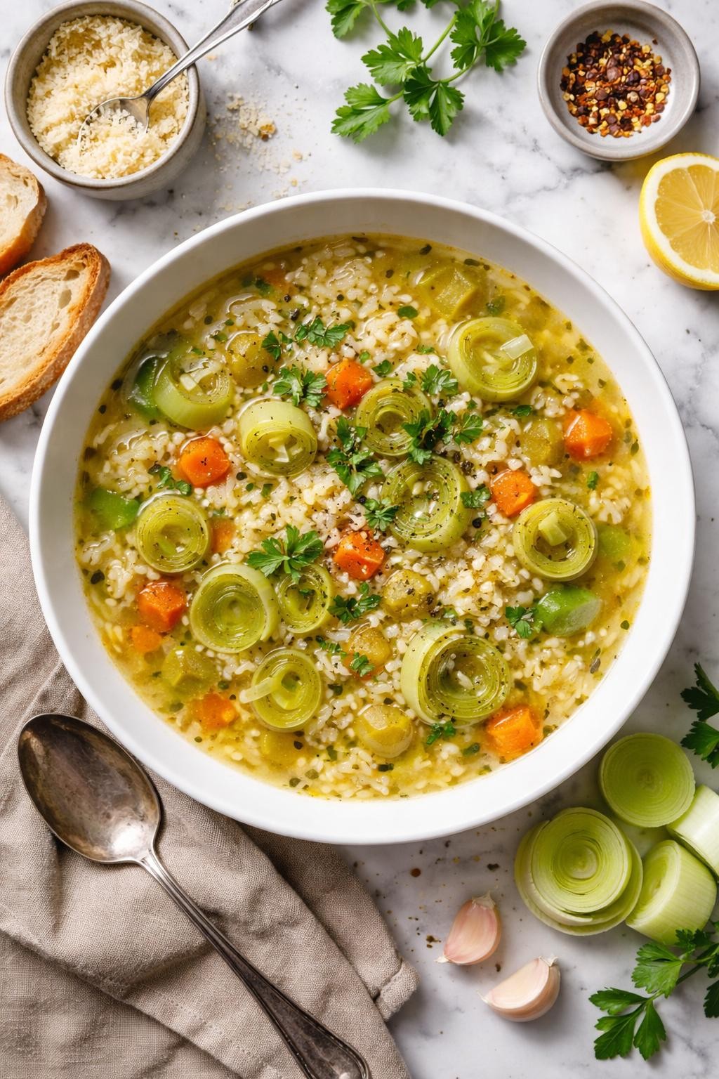 An overheard picture view of a plate of  Leek and Rice Soup  sitting on a marble countertop table in the kitchen, professional food photography style.
