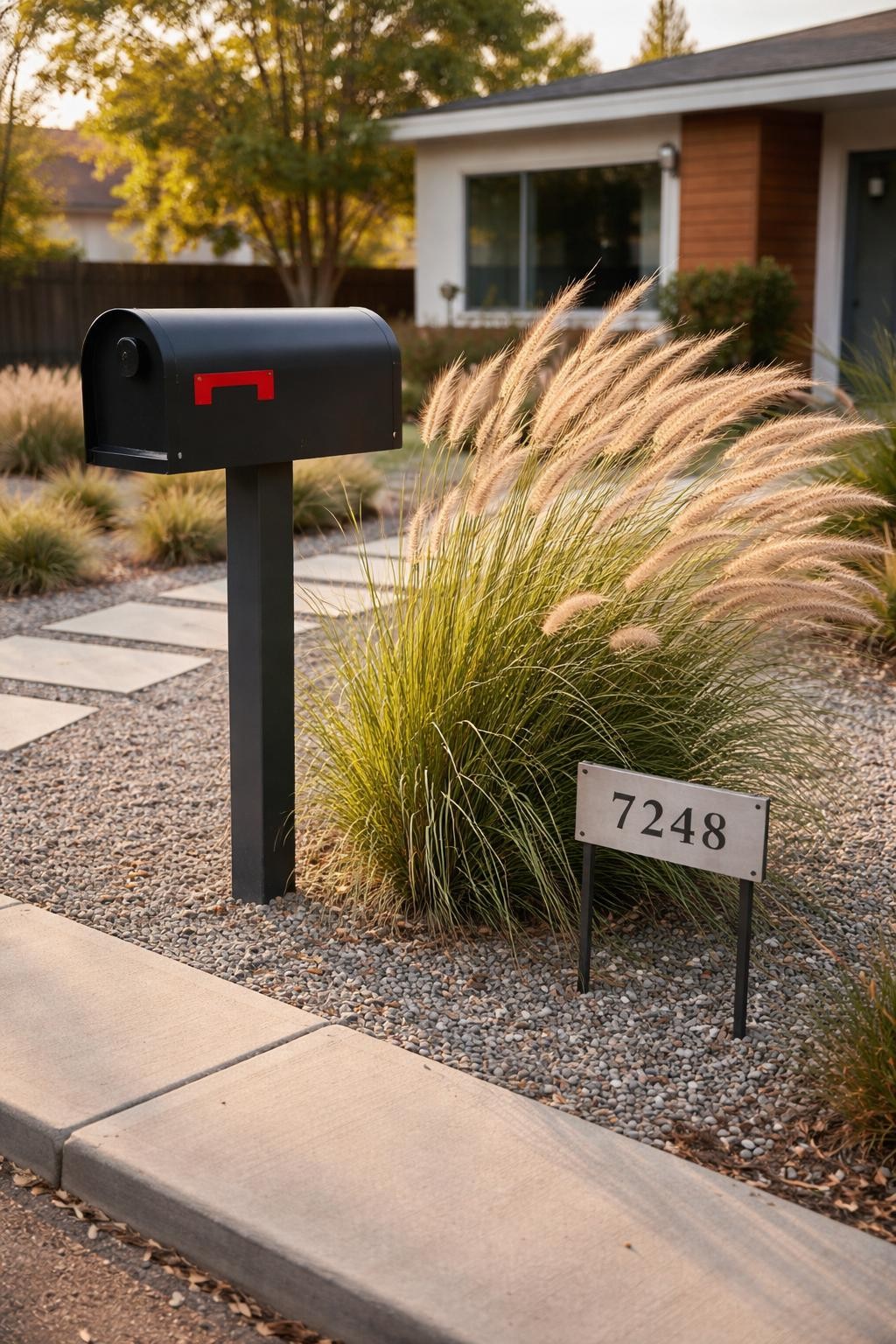 Photo of a mailbox with a tall fountain grass clump swaying next to it, corner angle view from sidewalk, setting in a modern front yard with gravel, late afternoon light, containing a small metal house number sign nearby, iPhone photo quality.