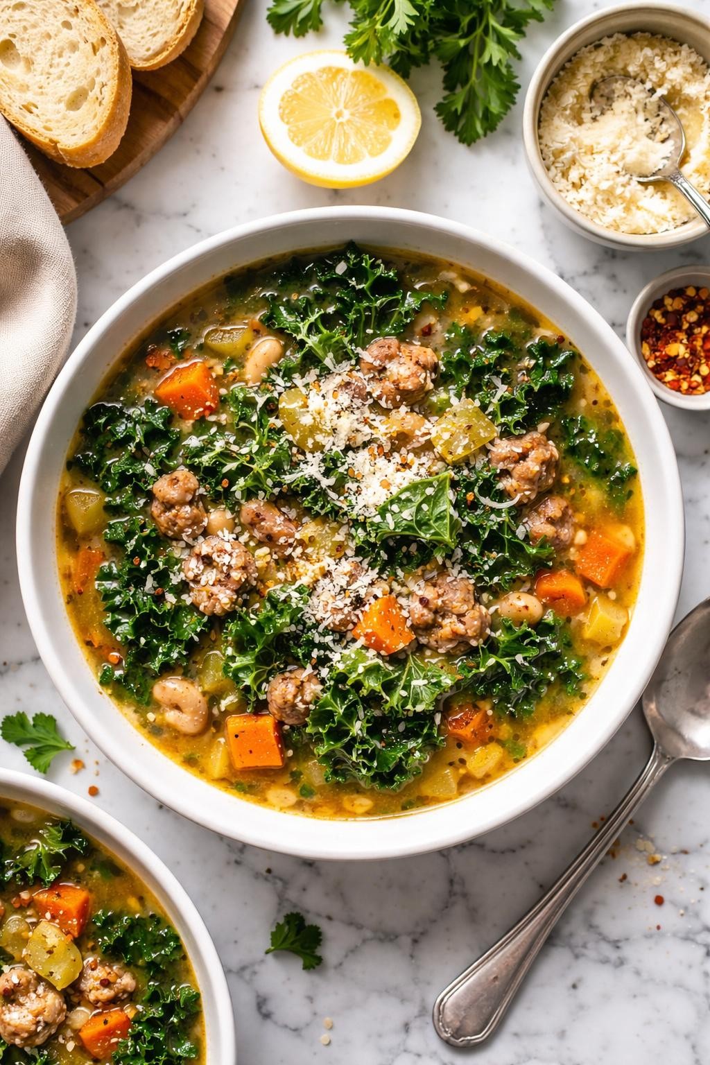 An overheard picture view of a plate of Slow Cooker Italian Sausage and Kale Soup sitting on a marble countertop table in the kitchen, professional food photography style.