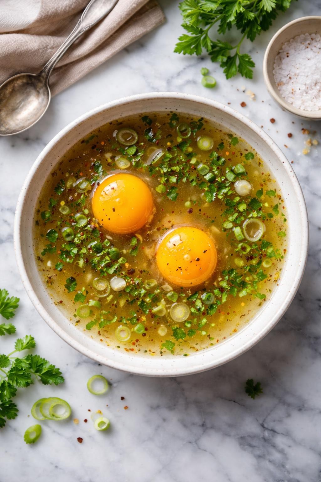 An overheard picture view of a plate of  Bone Broth with Egg Yolks  sitting on a marble countertop table in the kitchen, professional food photography style.
