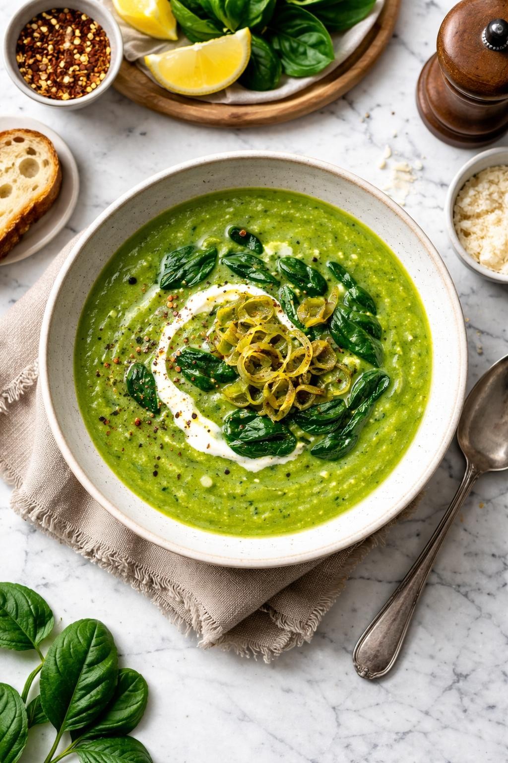 An overheard picture view of a plate of Leek and Spinach Soup   sitting on a marble countertop table in the kitchen, professional food photography style.
