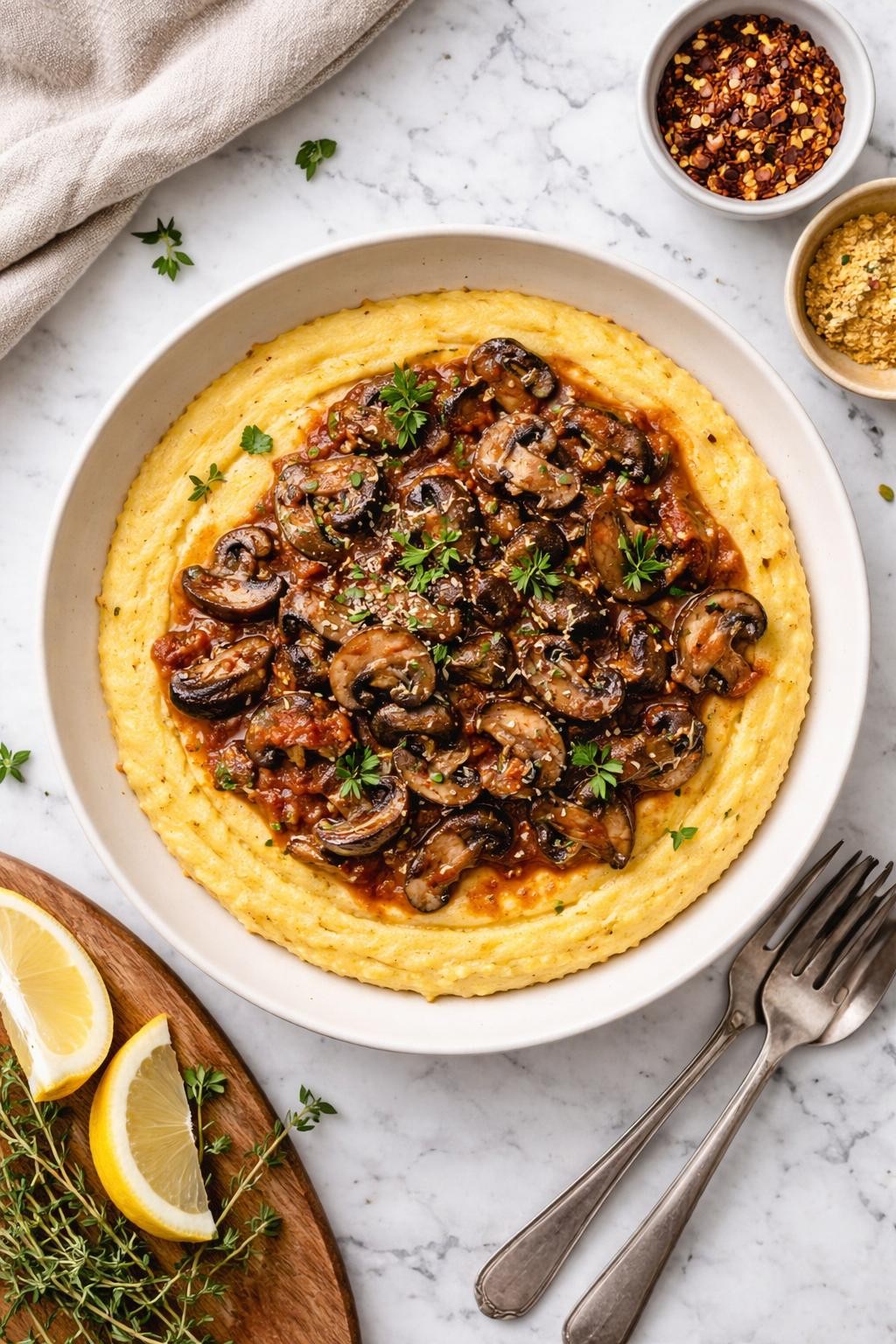 An overheard picture view of a plate of  Vegan Polenta with Mushroom Ragu  sitting on a marble countertop table in the kitchen, professional food photography style.
