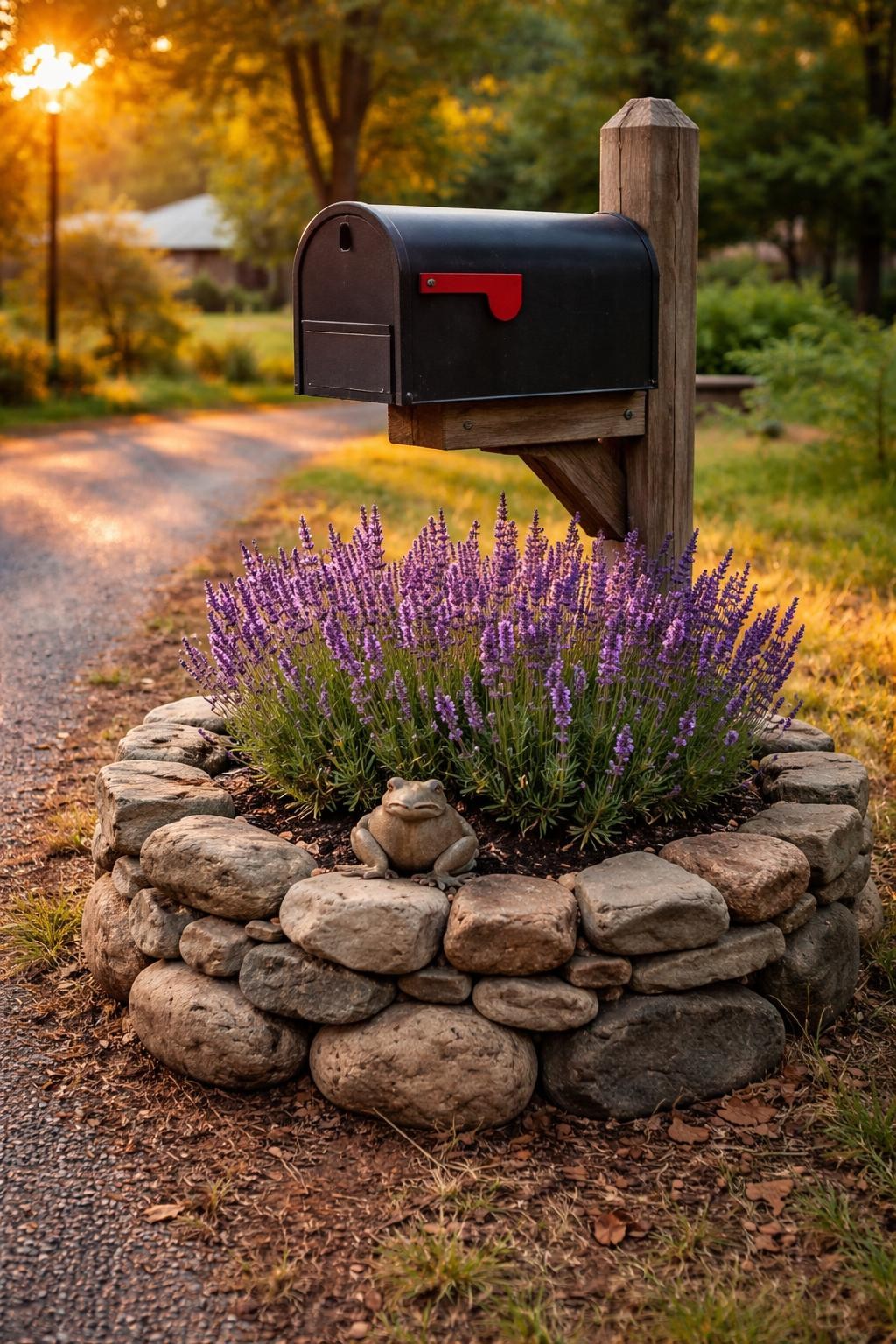 Photo of a mailbox surrounded by a ring of stacked fieldstone with purple lavender inside, corner angle view from driveway, setting in a rustic front yard, golden hour, containing a small stone frog among the rocks, iPhone photo quality.