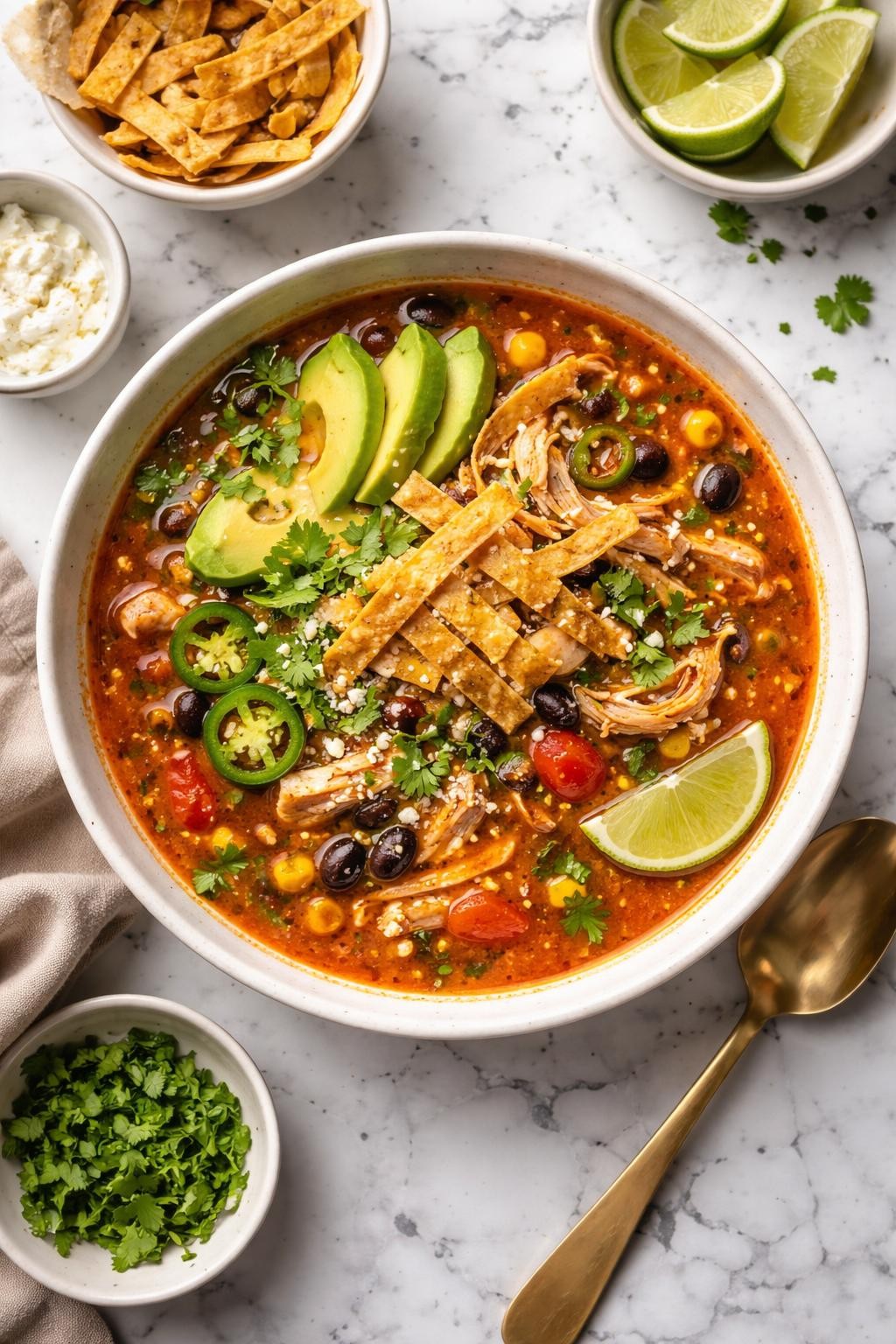 An overheard picture view of a plate of  Spicy Turkey Tortilla Soup  sitting on a marble countertop table in the kitchen, professional food photography style.
