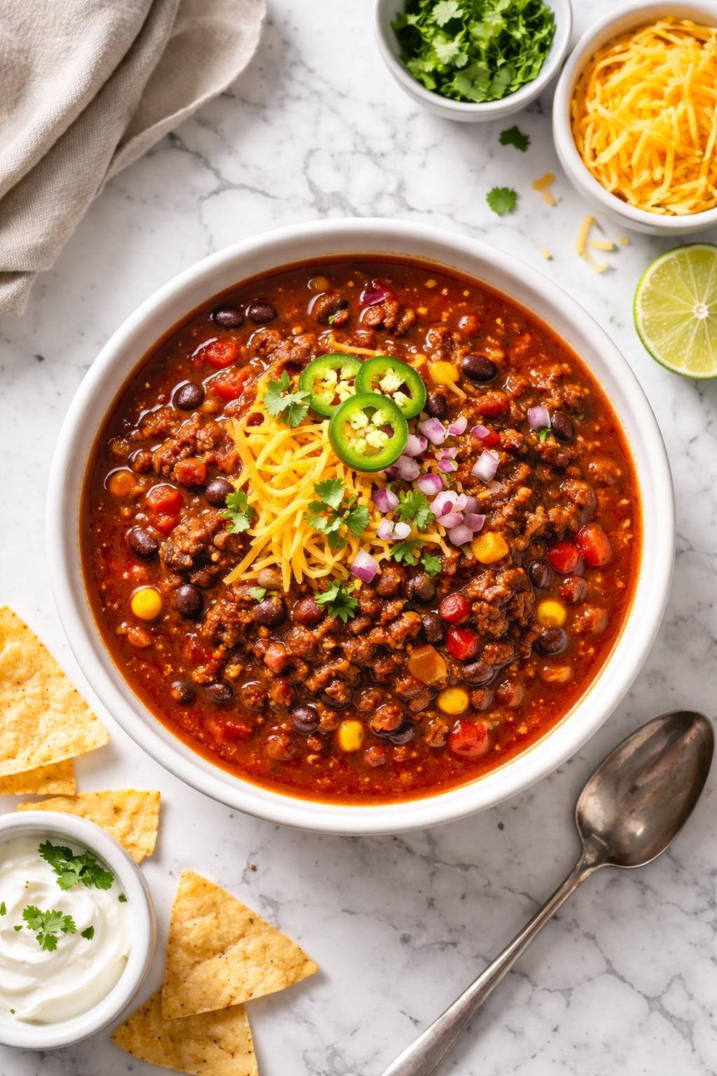 An overheard picture view of a plate of Beef Chili Soup sitting on a marble countertop table in the kitchen, professional food photography style.