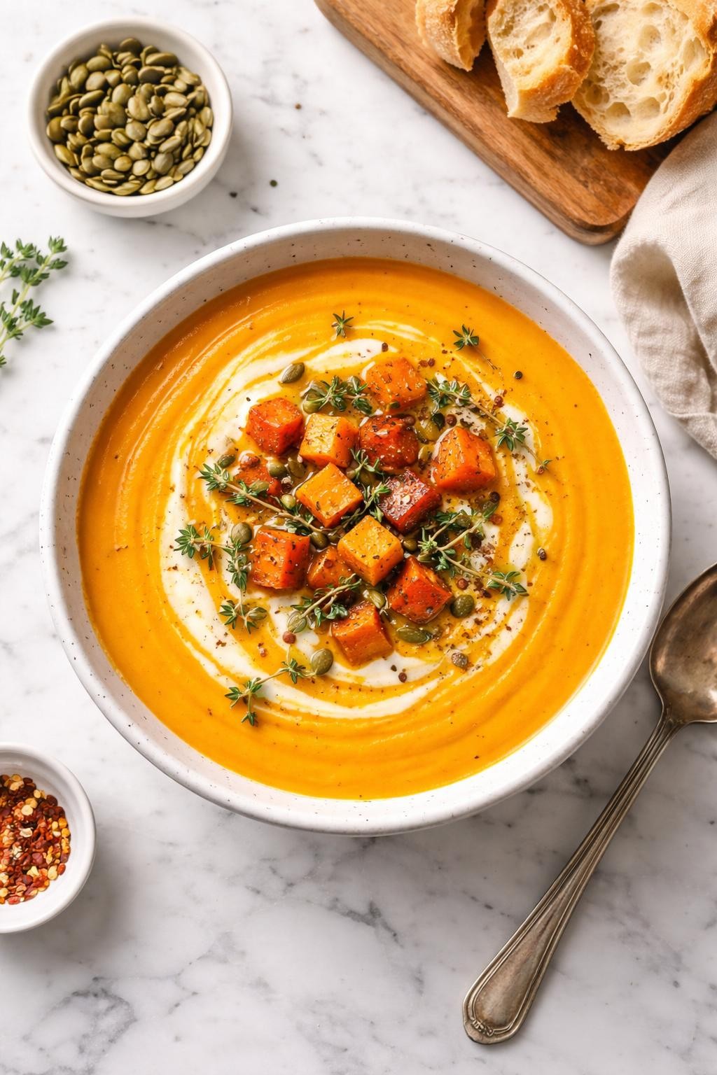 An overheard picture view of a plate of Butternut Squash and Sweet Potato Soup sitting on a marble countertop table in the kitchen, professional food photography style.