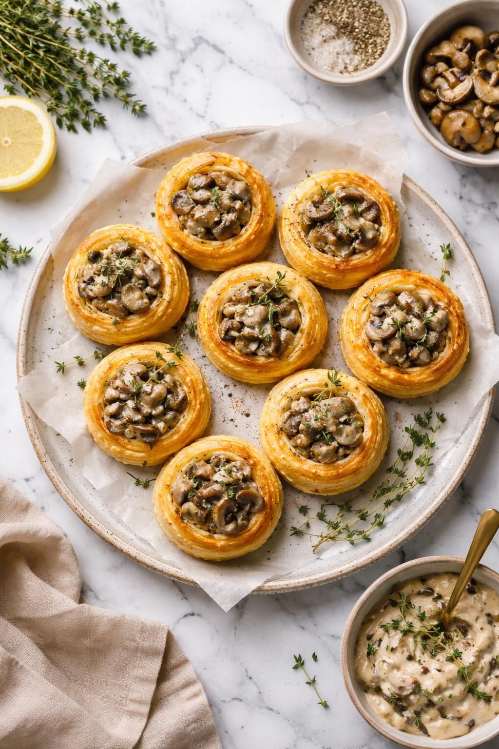 An overheard picture view of a plate of Vegan Mushroom and Thyme Vol-Au-Vents sitting on a marble countertop table in the kitchen, professional food photography style.