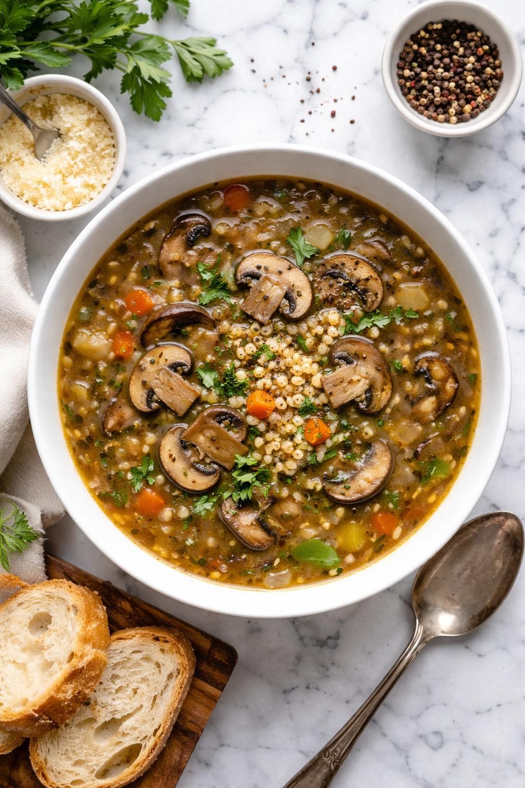 An overheard picture view of a plate of  Dutch Oven Mushroom Soup with Barley  sitting on a marble countertop table in the kitchen, professional food photography style.
