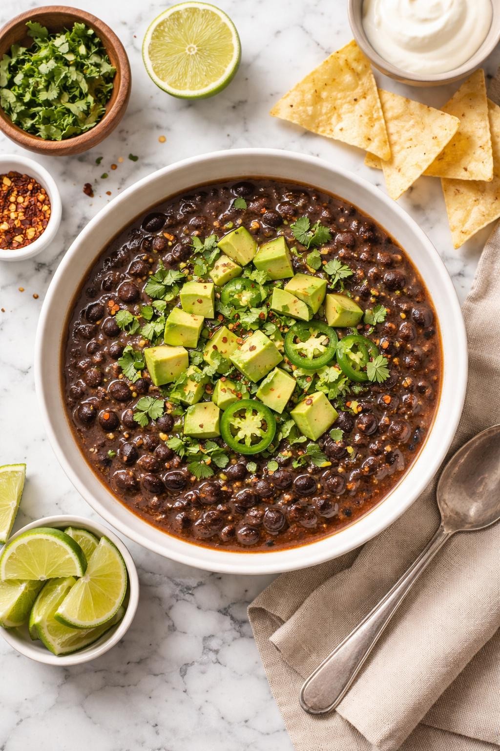 An overheard picture view of a plate of 3-Ingredient Black Bean Soup sitting on a marble countertop table in the kitchen, professional food photography style.