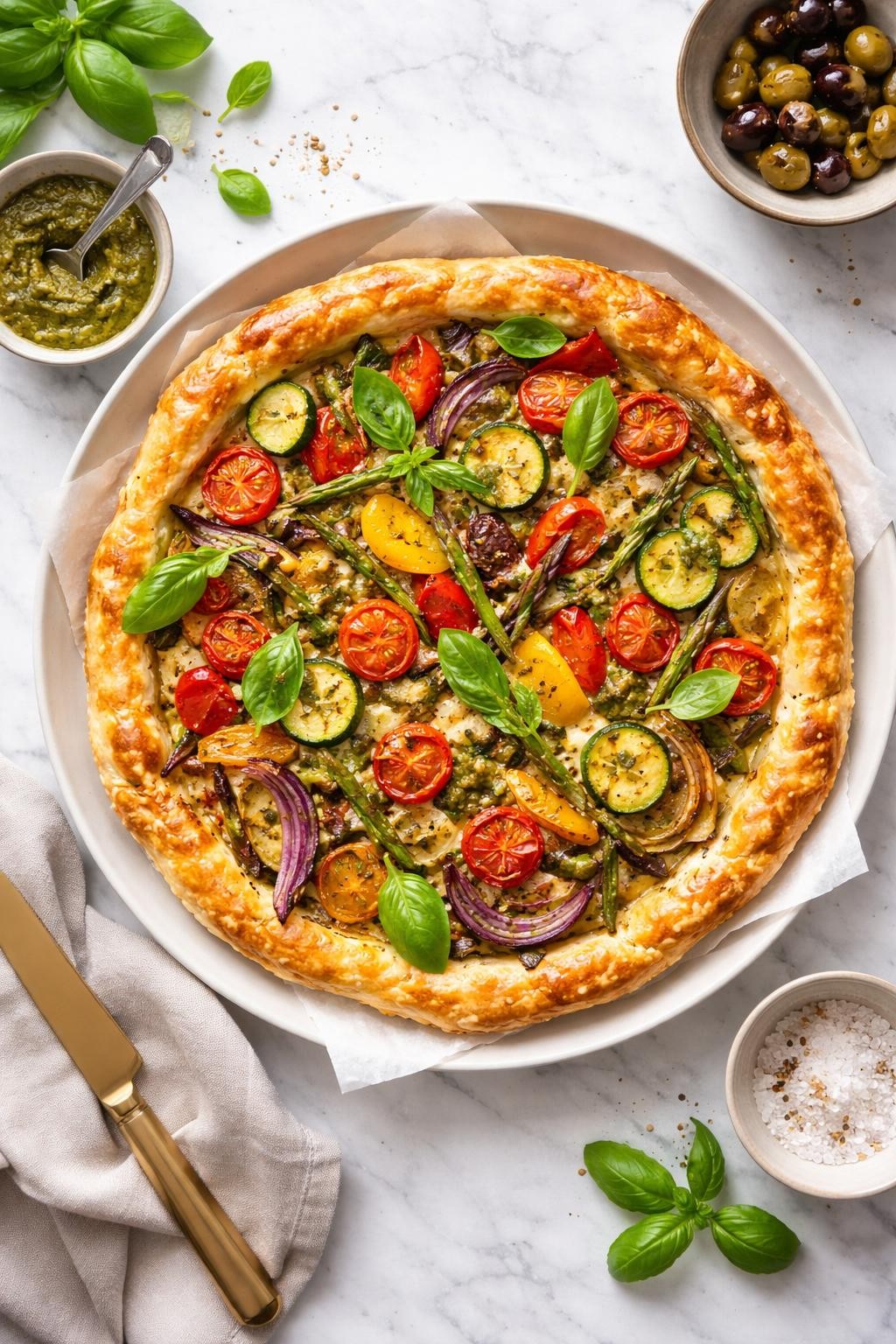 An overheard picture view of a plate of Vegan Roasted Vegetable Tart sitting on a marble countertop table in the kitchen, professional food photography style.
