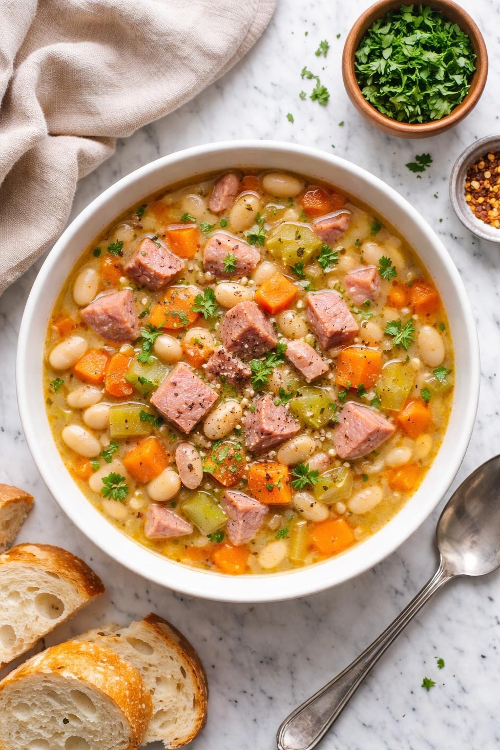 An overheard picture view of a plate of 5-Ingredient Ham and Bean Soup sitting on a marble countertop table in the kitchen, professional food photography style.