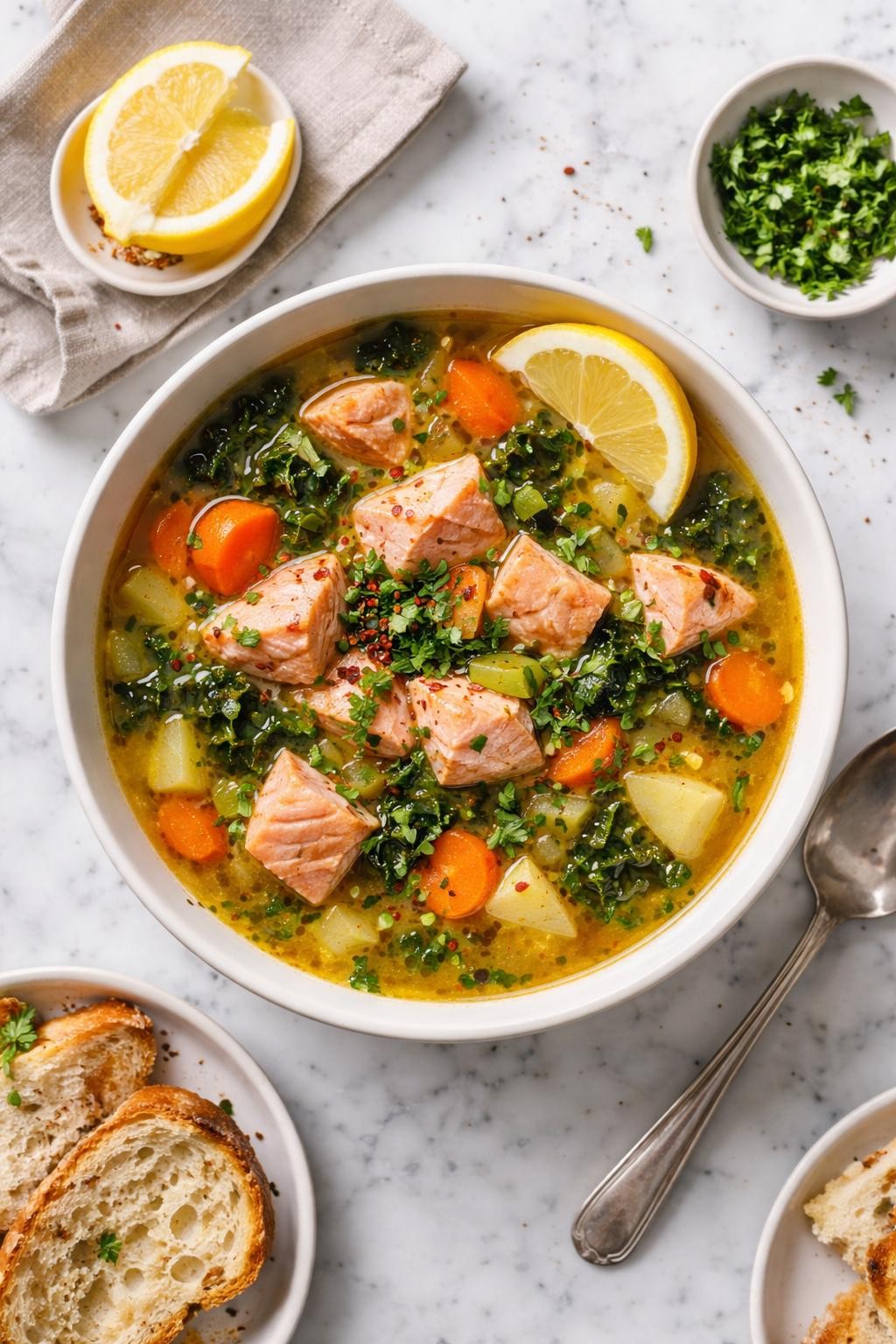 An overheard picture view of a plate of Salmon and Bone Broth Soup   sitting on a marble countertop table in the kitchen, professional food photography style.
