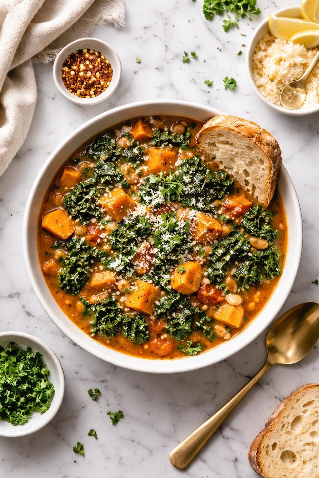 An overheard picture view of a plate of Sweet Potato and Kale Stew   sitting on a marble countertop table in the kitchen, professional food photography style.
