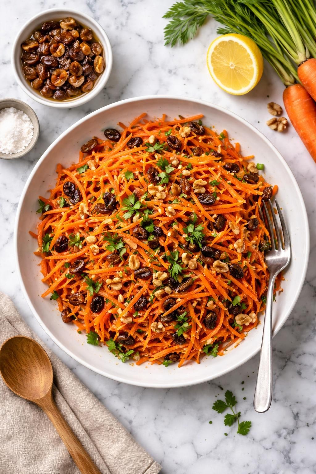 An overheard picture view of a plate of   Carrot Raisin Salad with Marinated Raisins sitting on a marble countertop table in the kitchen, professional food photography style.
