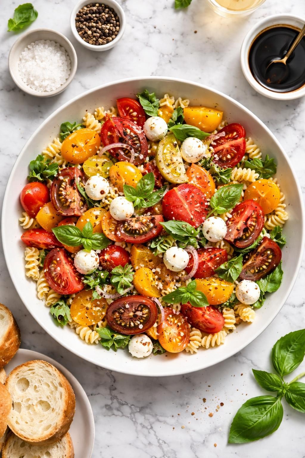 An overheard picture view of a plate of  Heirloom Tomato Caprese Pasta Salad  sitting on a marble countertop table in the kitchen, professional food photography style.

